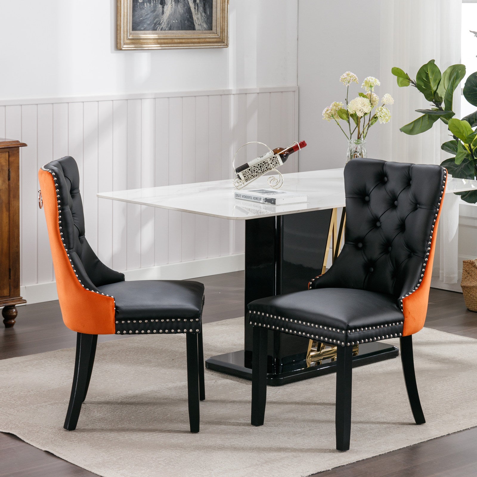 Nikki Collection Modern, High End Tufted Solid Wood Contemporary Pu And Velvet Upholstered Dining Chair With Wood Legs Trim 2 Pcs Set Black Orange, Sw2101Bo Black Pu Foam Pu Leather