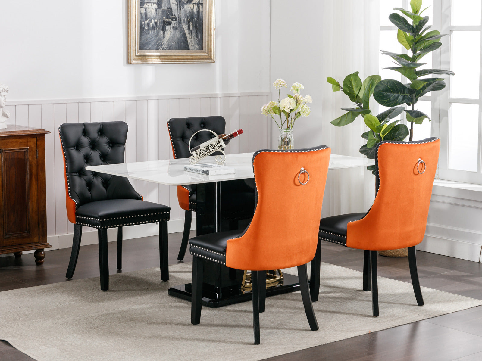 Nikki Collection Modern, High End Tufted Solid Wood Contemporary Pu And Velvet Upholstered Dining Chair With Wood Legs Trim 2 Pcs Set Black Orange, Sw2101Bo Black Pu Foam Pu Leather