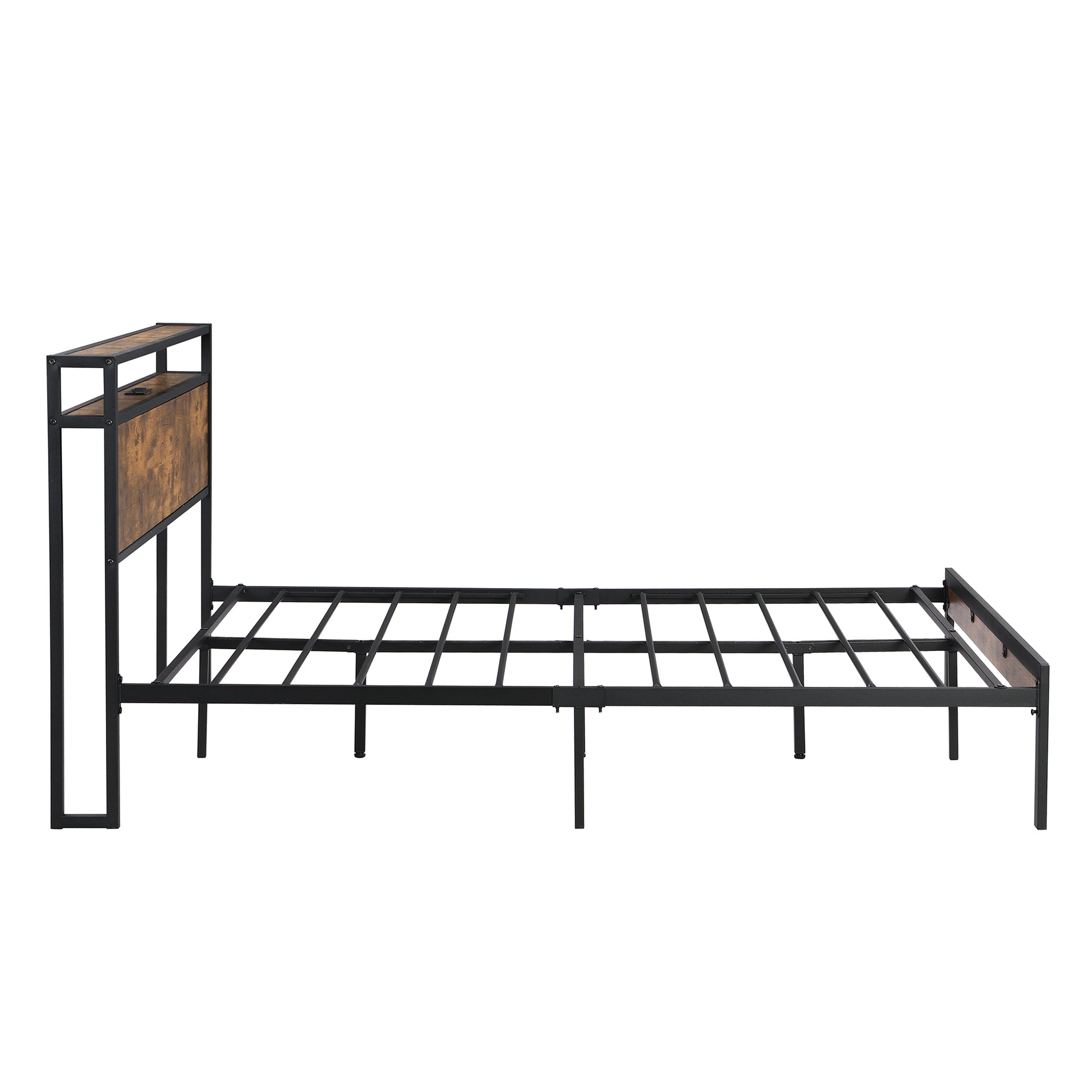 King Size Metal Platform Bed Frame With Wooden Headboard And Footboard With Usb Liner, No Box Spring Needed, Large Under Bed Storage, Easy Assemble King Black Brown Metal