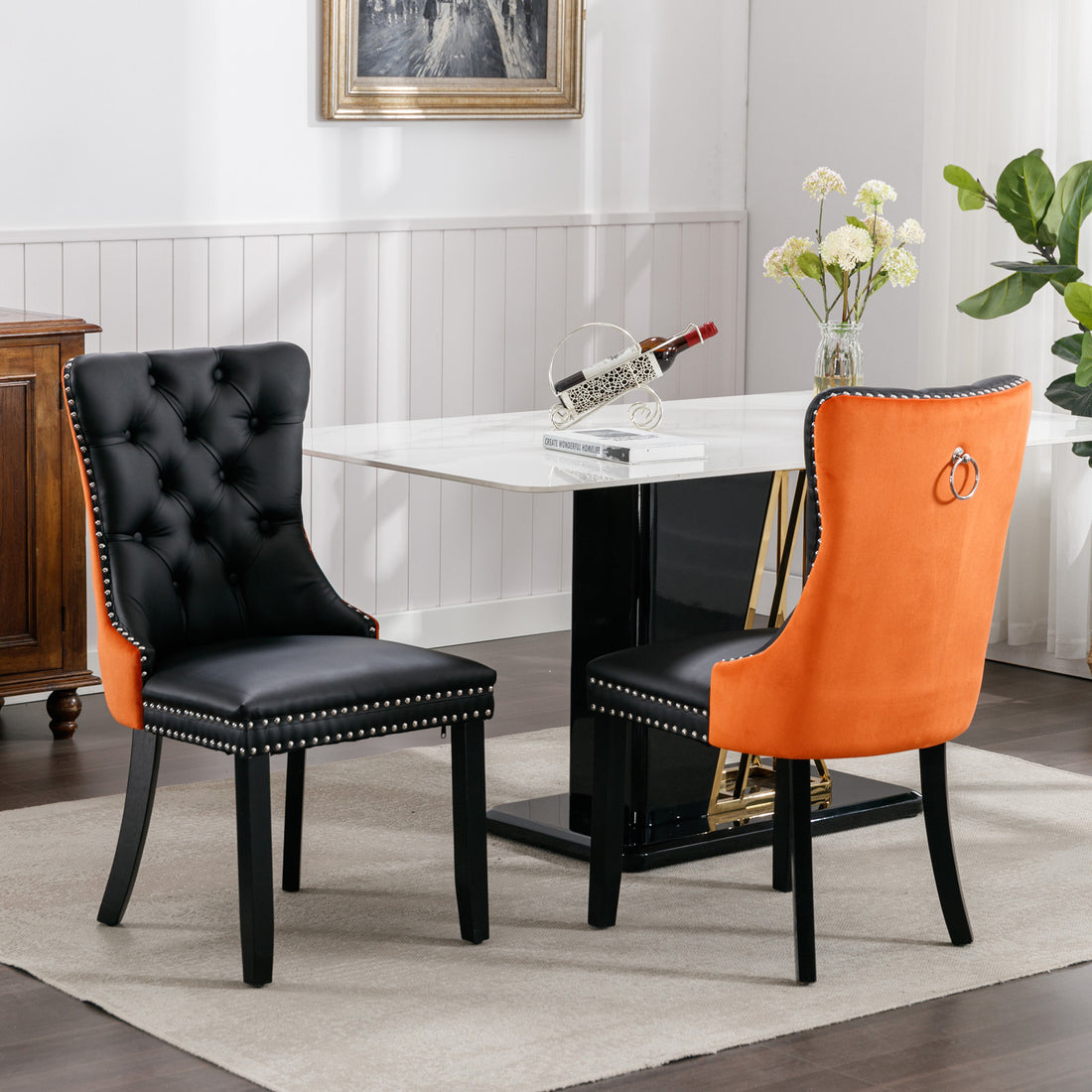 Nikki Collection Modern, High End Tufted Solid Wood Contemporary Pu And Velvet Upholstered Dining Chair With Wood Legs Trim 2 Pcs Set Black Orange, Sw2101Bo Black Pu Foam Pu Leather