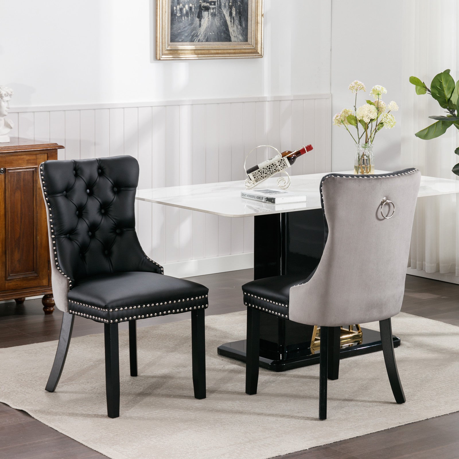 Nikki Collection Modern, High End Tufted Solid Wood Contemporary Pu And Velvet Upholstered Dining Chair With Wood Legs Trim 2 Pcs Set Black Gray, Sw2101Bg Black Gray Foam Pu Leather