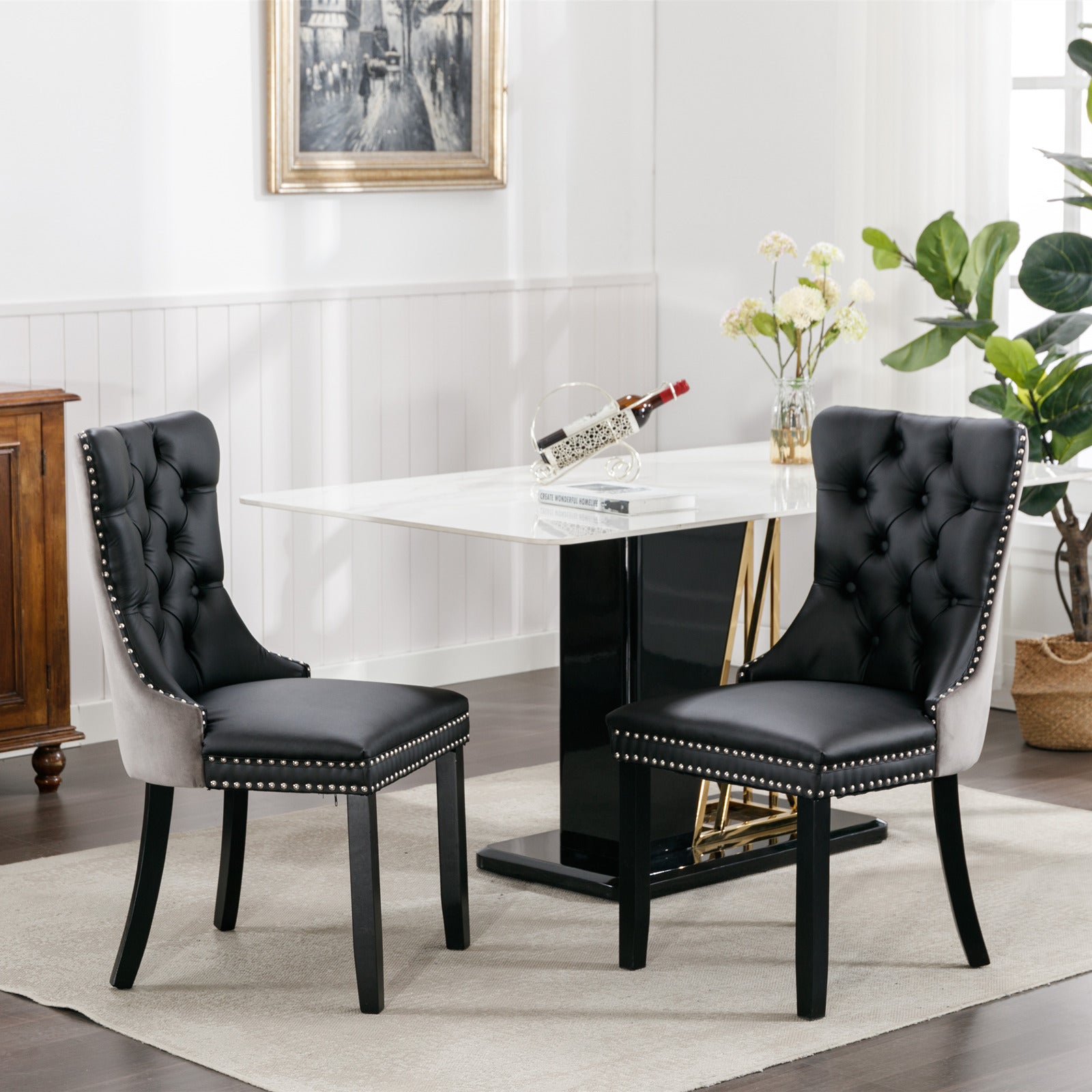 Nikki Collection Modern, High End Tufted Solid Wood Contemporary Pu And Velvet Upholstered Dining Chair With Wood Legs Trim 2 Pcs Set Black Gray, Sw2101Bg Black Gray Foam Pu Leather