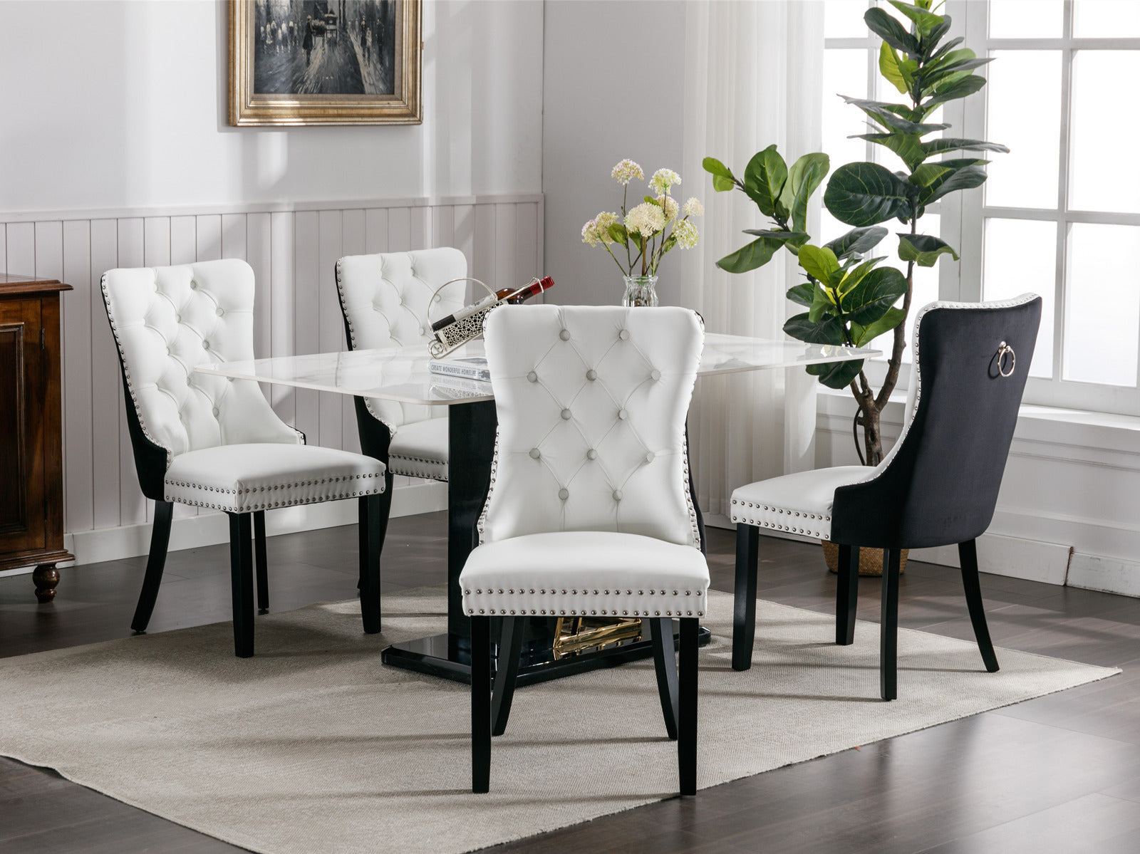 Nikki Collection Modern, High End Tufted Solid Wood Contemporary Pu And Velvet Upholstered Dining Chair With Wood Legs Trim 2 Pcs Set White Black, Sw2101Wb White Black Foam Pu Leather