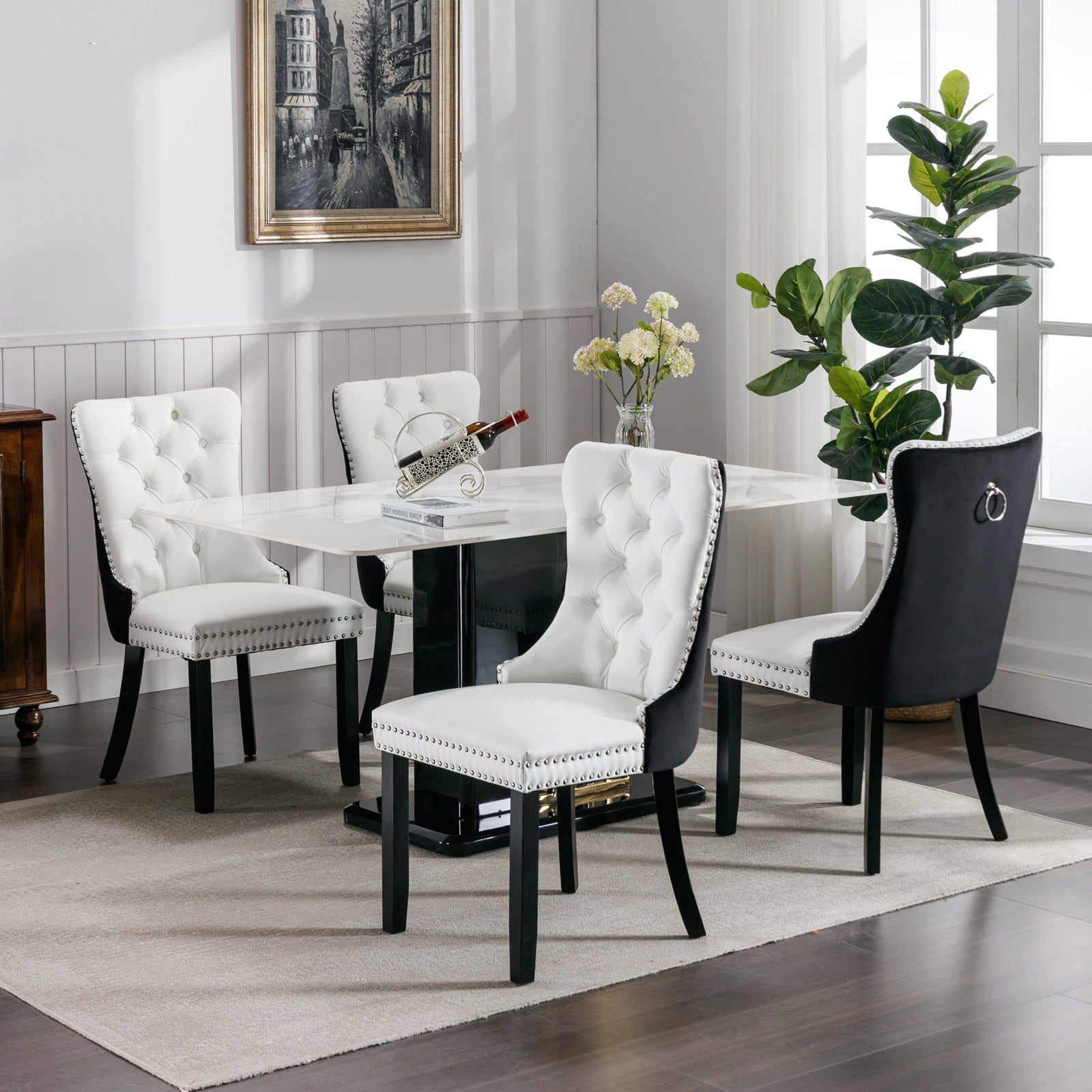 Nikki Collection Modern, High End Tufted Solid Wood Contemporary Pu And Velvet Upholstered Dining Chair With Wood Legs Trim 2 Pcs Set White Black, Sw2101Wb White Black Foam Pu Leather