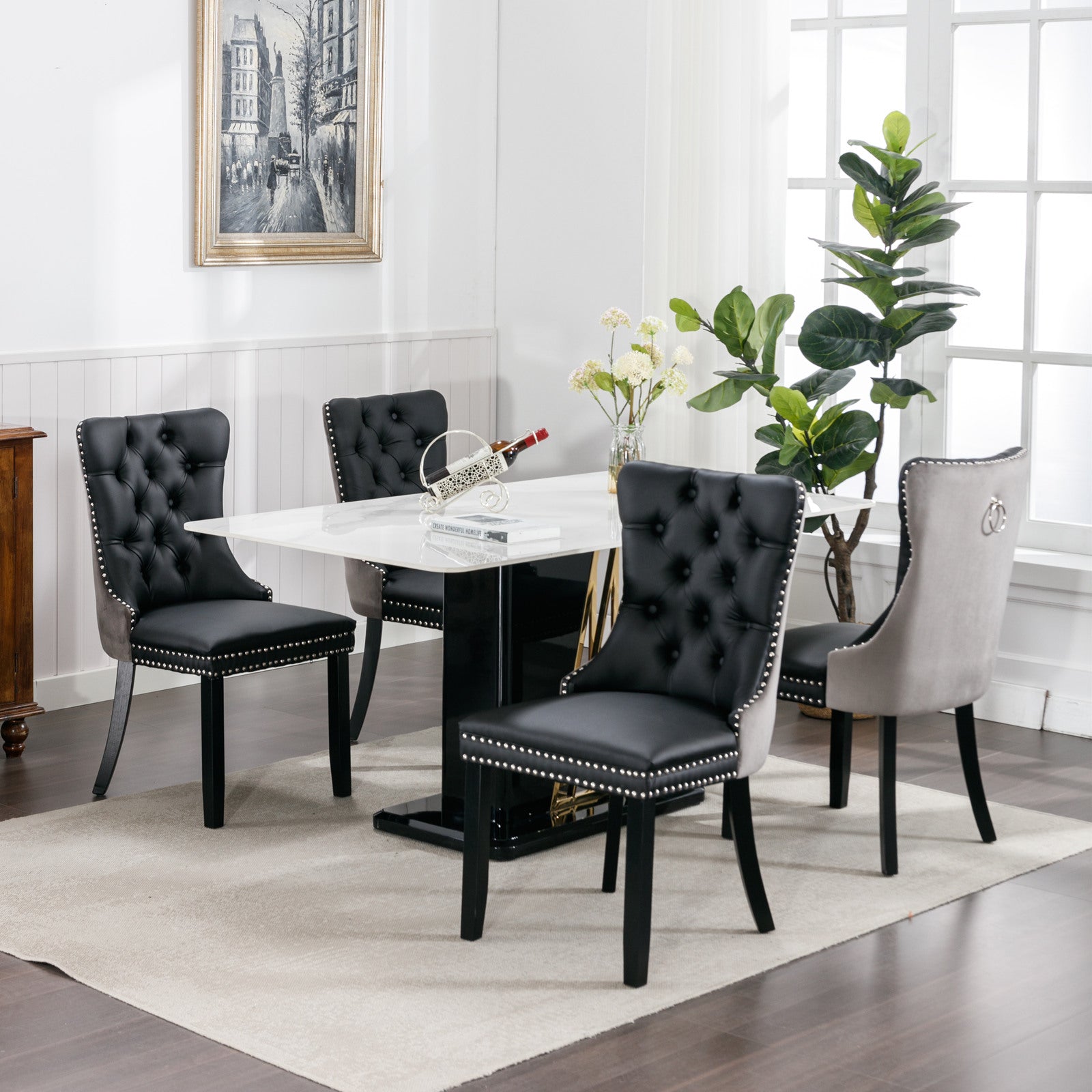 Nikki Collection Modern, High End Tufted Solid Wood Contemporary Pu And Velvet Upholstered Dining Chair With Wood Legs Trim 2 Pcs Set Black Gray, Sw2101Bg Black Gray Foam Pu Leather