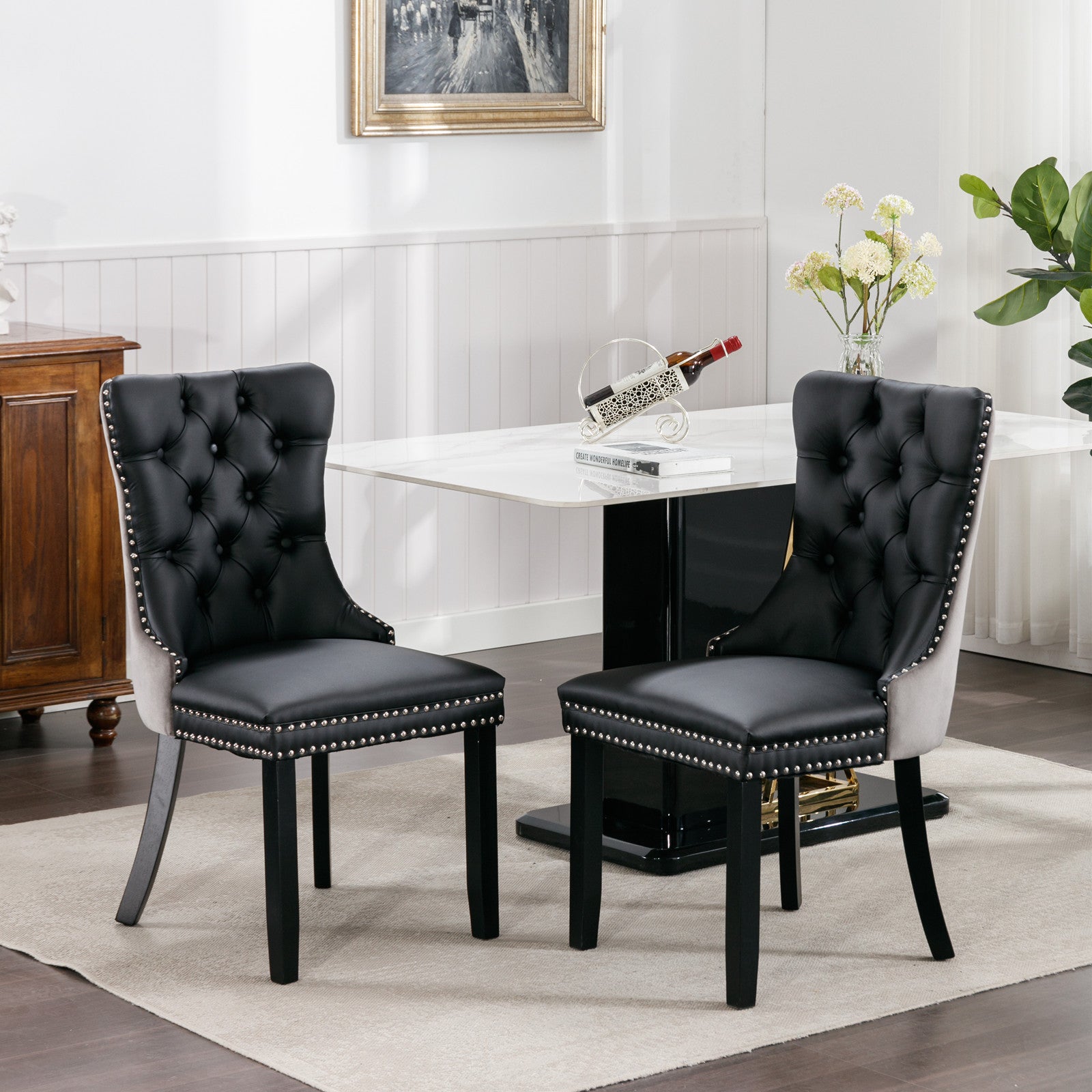 Nikki Collection Modern, High End Tufted Solid Wood Contemporary Pu And Velvet Upholstered Dining Chair With Wood Legs Trim 2 Pcs Set Black Gray, Sw2101Bg Black Gray Foam Pu Leather