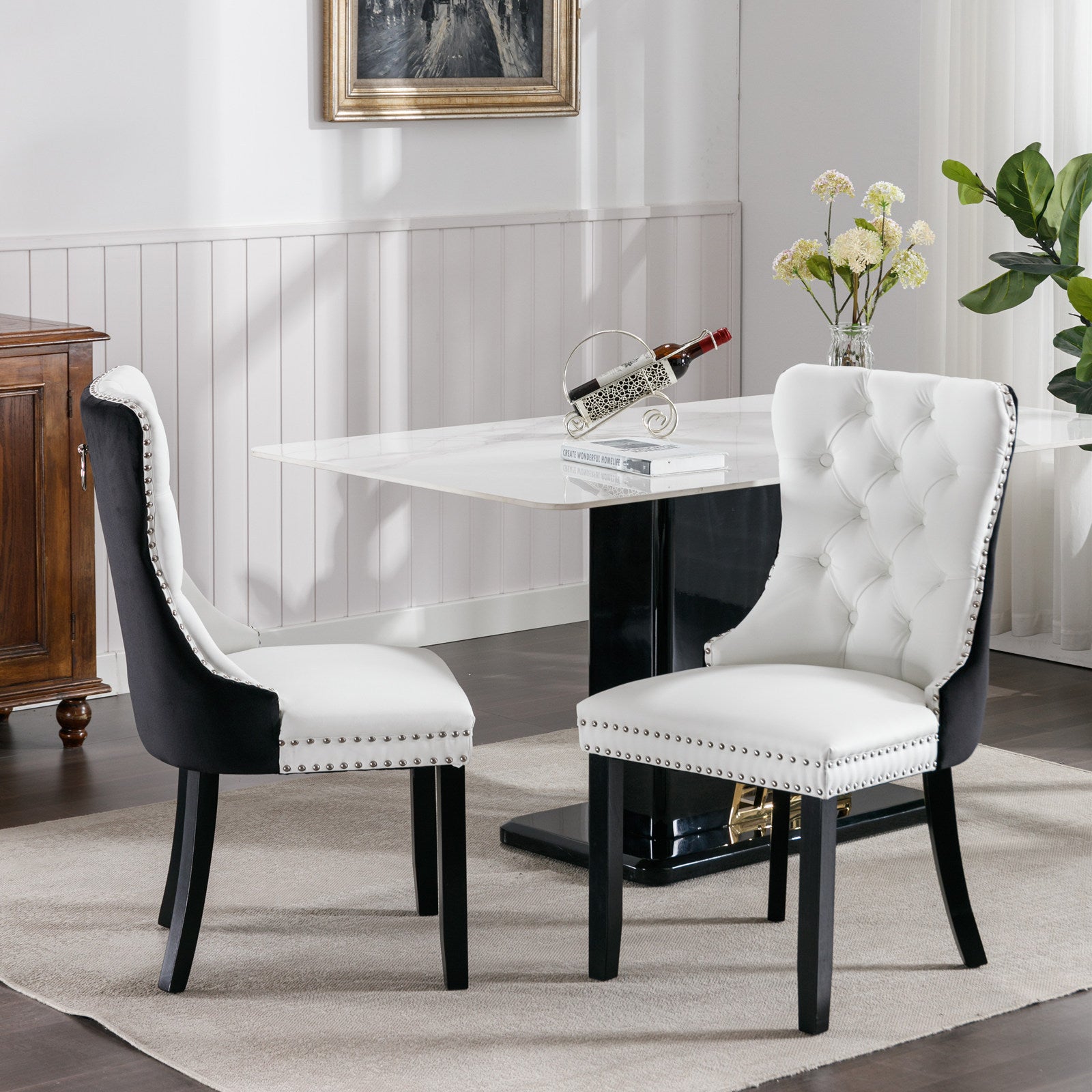 Nikki Collection Modern, High End Tufted Solid Wood Contemporary Pu And Velvet Upholstered Dining Chair With Wood Legs Trim 2 Pcs Set White Black, Sw2101Wb White Black Foam Pu Leather