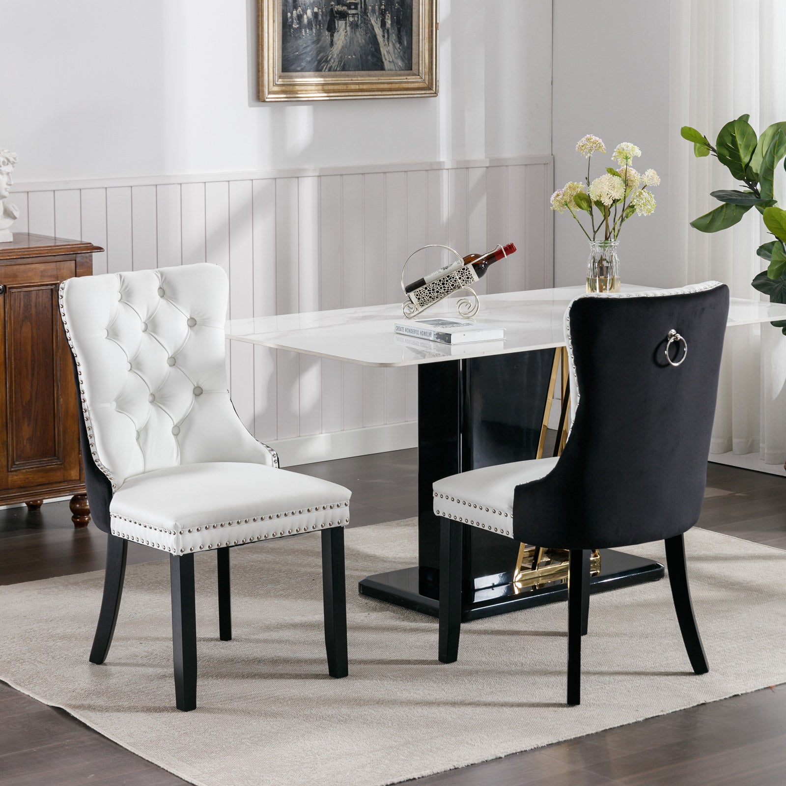 Nikki Collection Modern, High End Tufted Solid Wood Contemporary Pu And Velvet Upholstered Dining Chair With Wood Legs Trim 2 Pcs Set White Black, Sw2101Wb White Black Foam Pu Leather