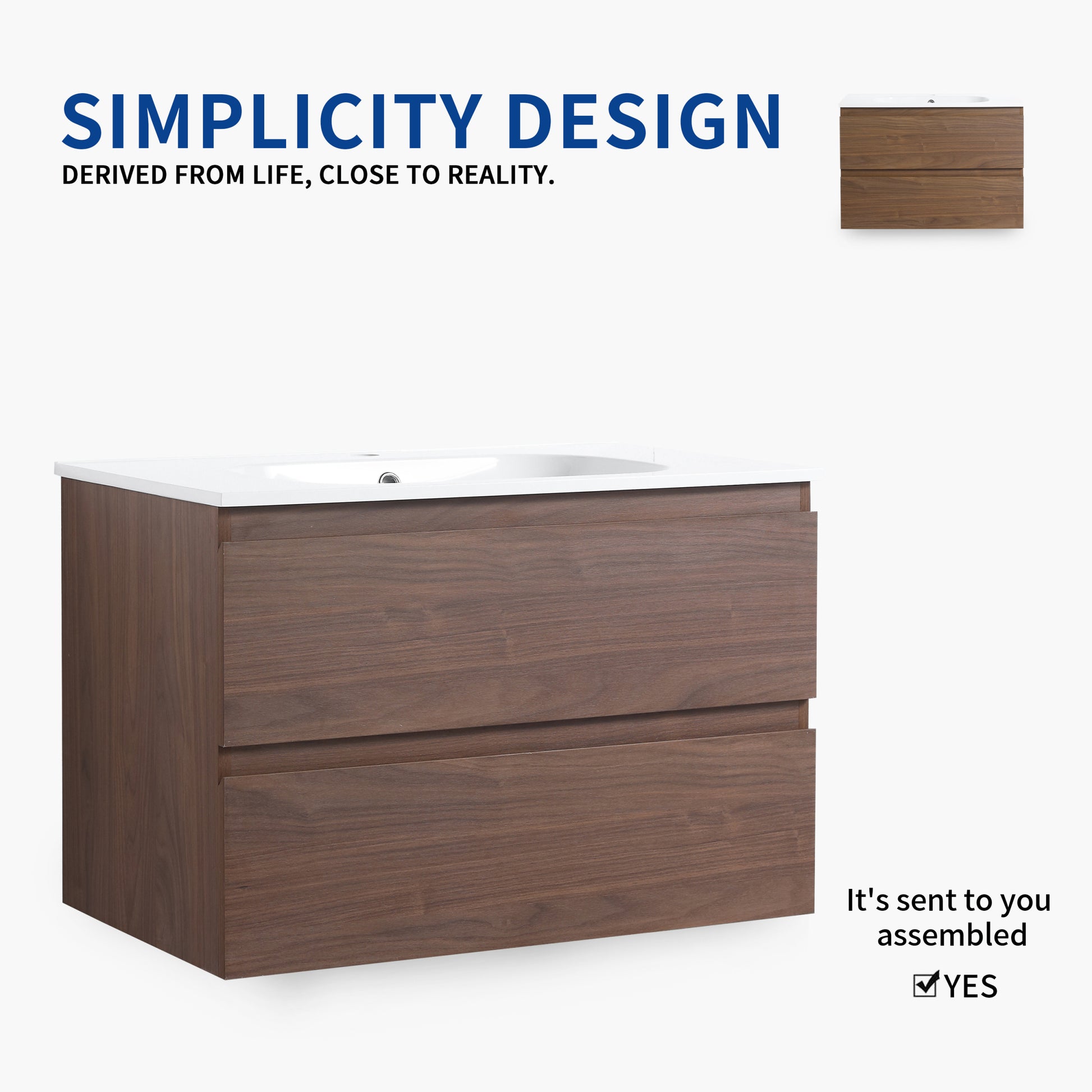 30" Bathroom Vanity With Gel Basin Top, Soft Close brown oak-plywood