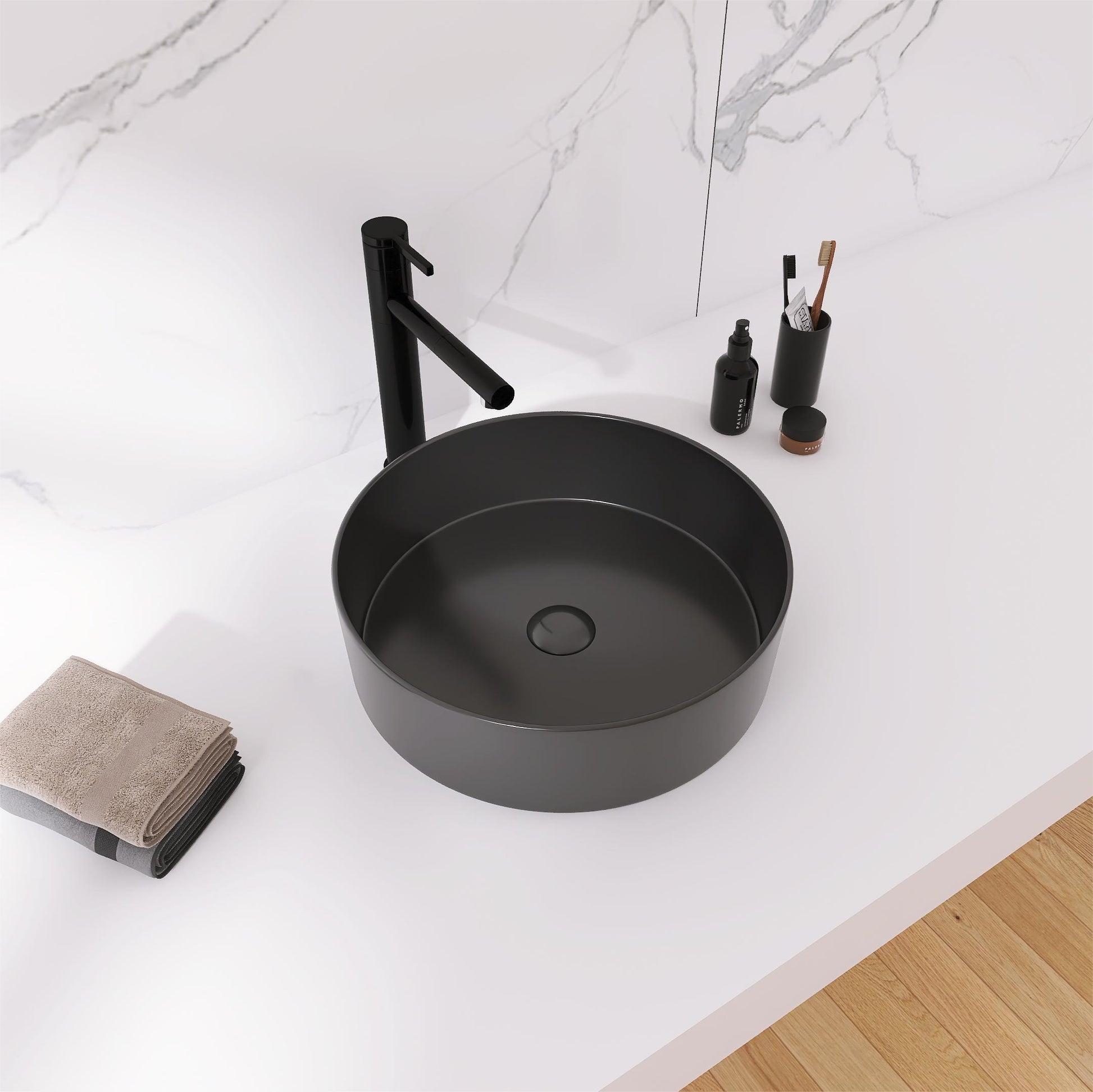 Ceramic Circular Vessel Bathroom Sink Art Sink Matte Black Ceramic