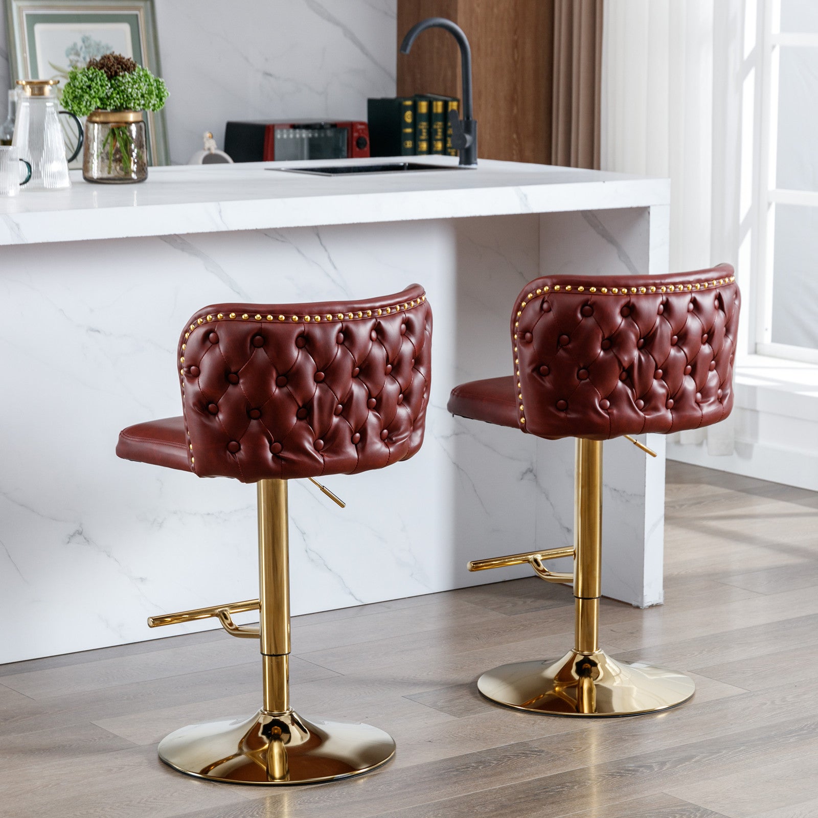 Swivel Barstools Adjusatble Seat Height, Modern Pu Upholstered Bar Stools With The Whole Back Tufted, For Home Pub And Kitchen Island Wine Red, Burdy, Set Of 2 Burgundy Foam Pu Leather