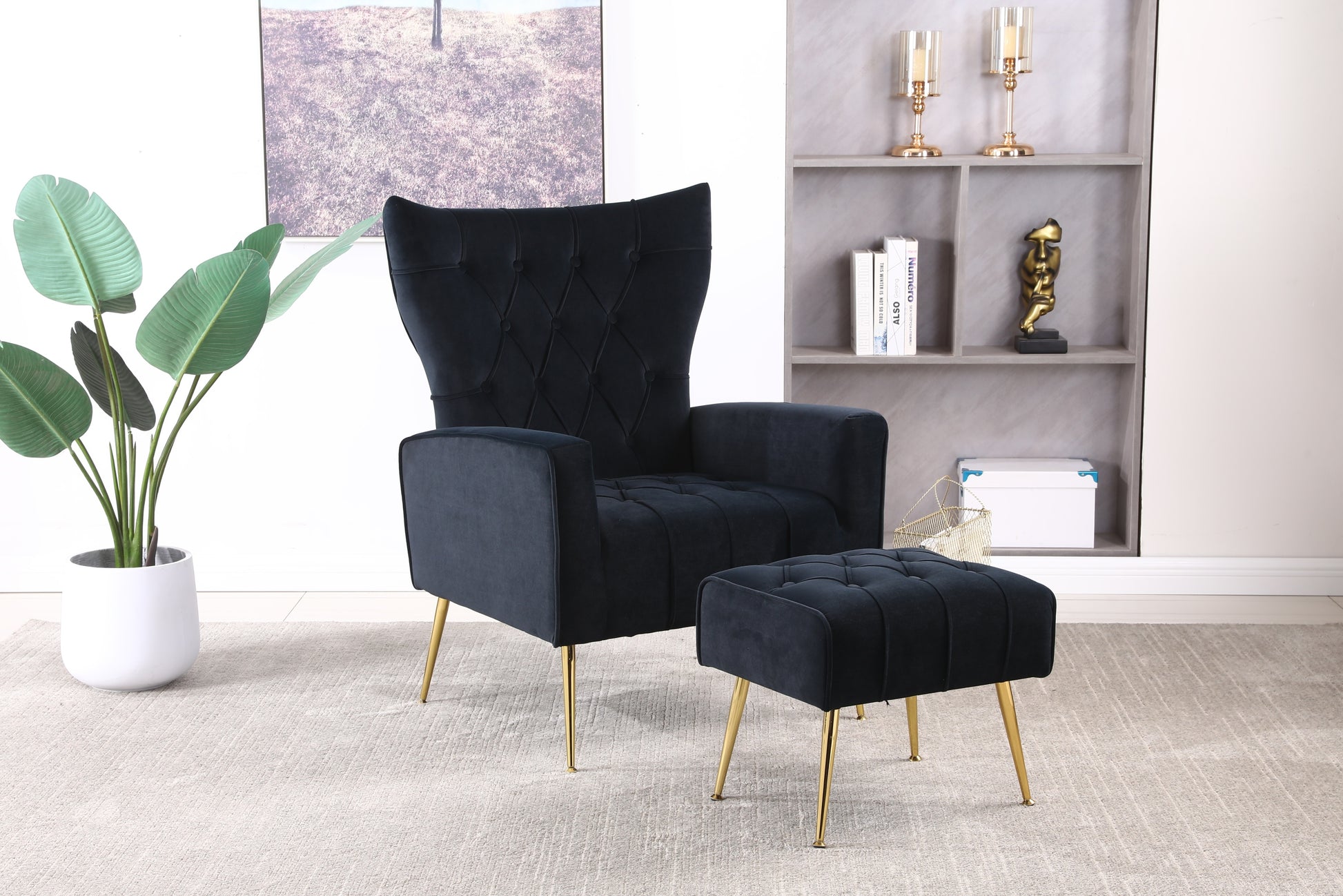 Modern Accent Chair With Ottoman, Comfy Armchair For Living Room, Bedroom, Apartment, Office Black Black Foam Velvet
