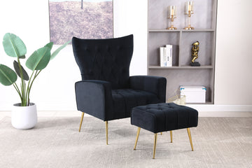 Modern Accent Chair With Ottoman, Comfy Armchair For Living Room, Bedroom, Apartment, Office Black Black Foam Velvet