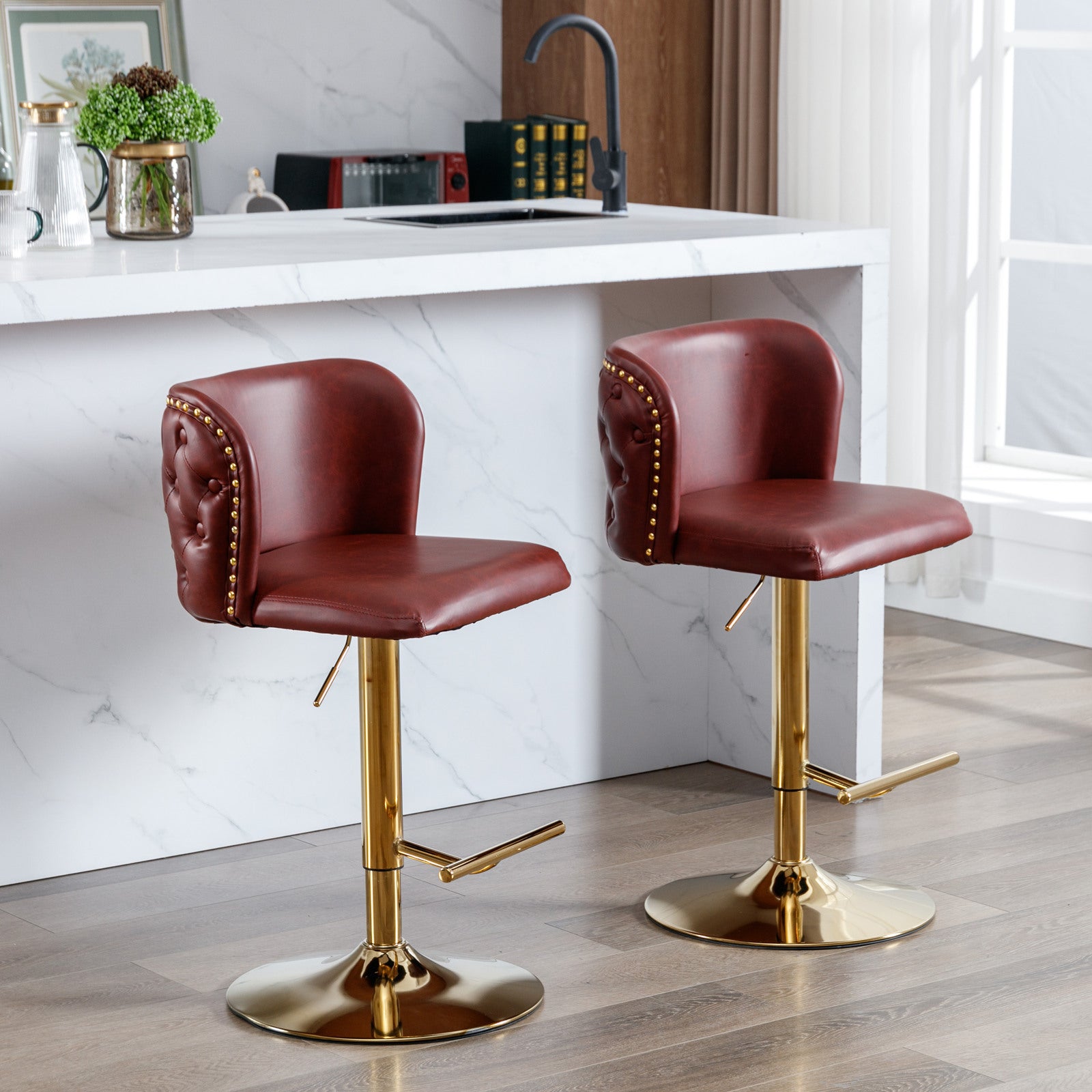 Swivel Barstools Adjusatble Seat Height, Modern Pu Upholstered Bar Stools With The Whole Back Tufted, For Home Pub And Kitchen Island Wine Red, Burdy, Set Of 2 Burgundy Foam Pu Leather