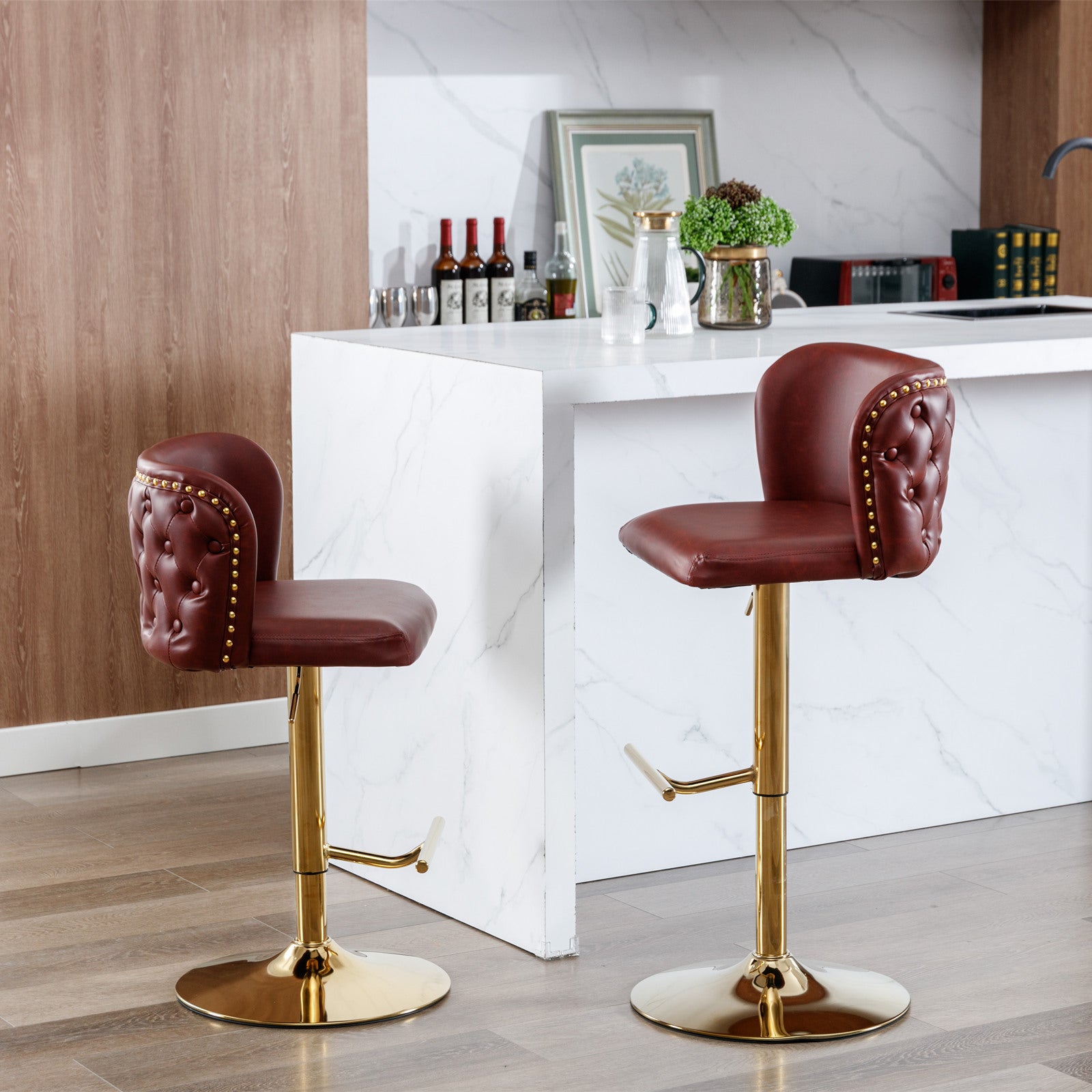 Swivel Barstools Adjusatble Seat Height, Modern Pu Upholstered Bar Stools With The Whole Back Tufted, For Home Pub And Kitchen Island Wine Red, Burdy, Set Of 2 Burgundy Foam Pu Leather