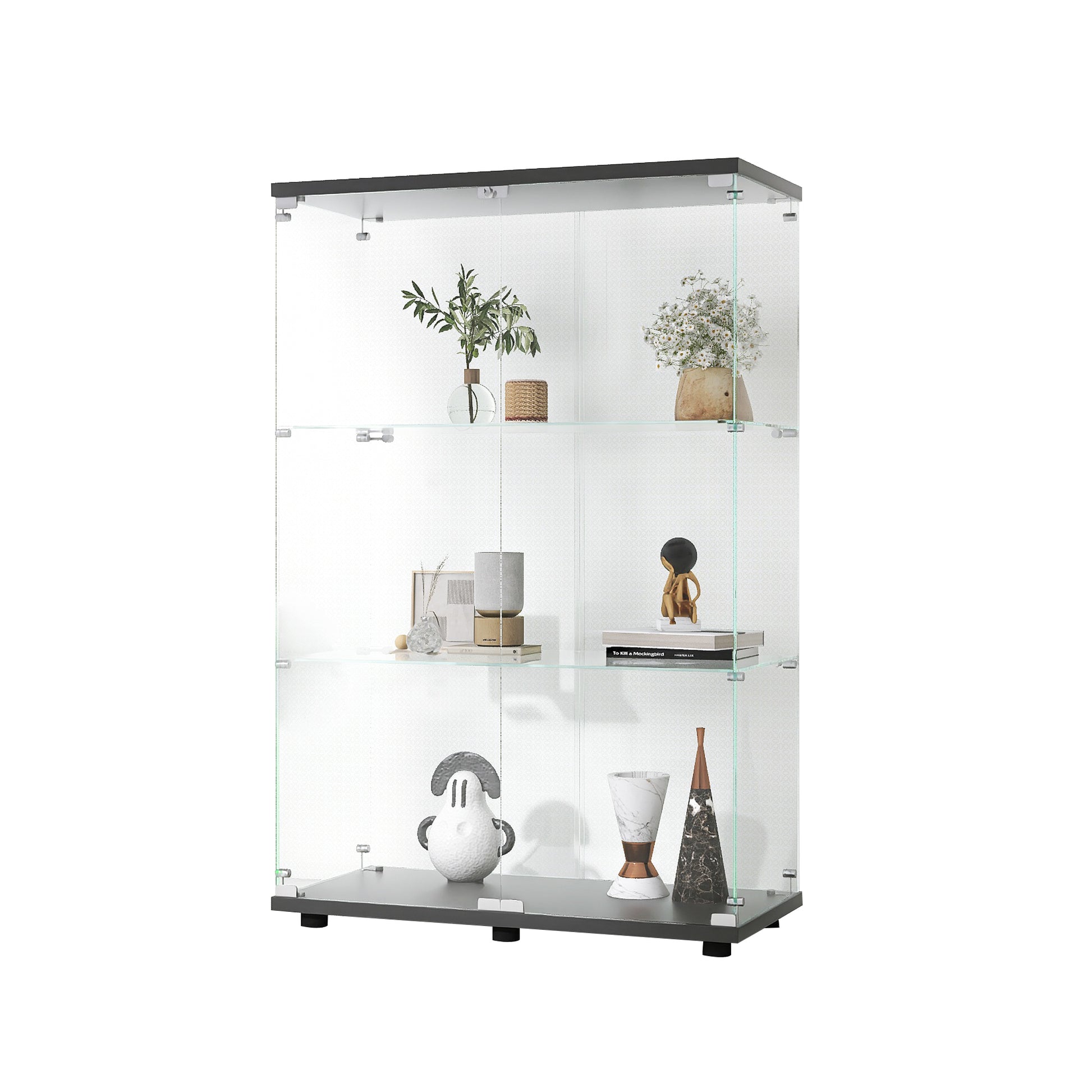 Two Door Glass Display Cabinet 3 Shelves With Door, Floor Standing Curio Bookshelf For Living Room Bedroom Office, 49.3"*31.7"*14.3",Black Black Glass