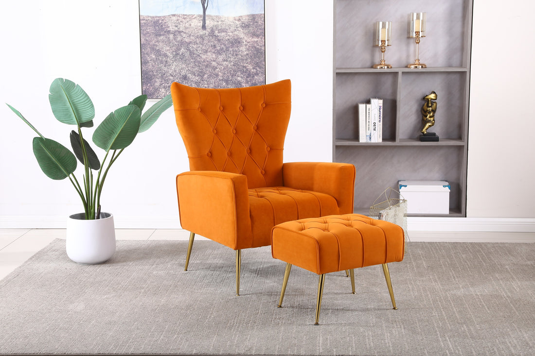 Modern Accent Chair With Ottoman, Comfy Armchair For Living Room, Bedroom, Apartment, Office Orange Orange Foam Velvet
