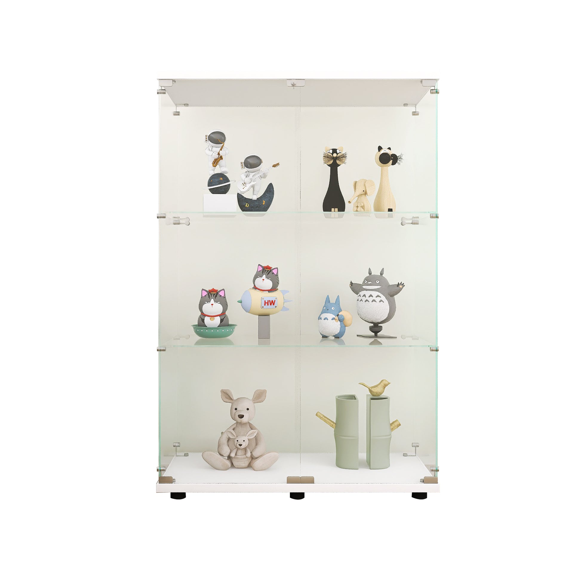 Two Door Glass Display Cabinet 3 Shelves With Door, Floor Standing Curio Bookshelf For Living Room Bedroom Office, 49.3"*31.7"*14.3", White White Glass