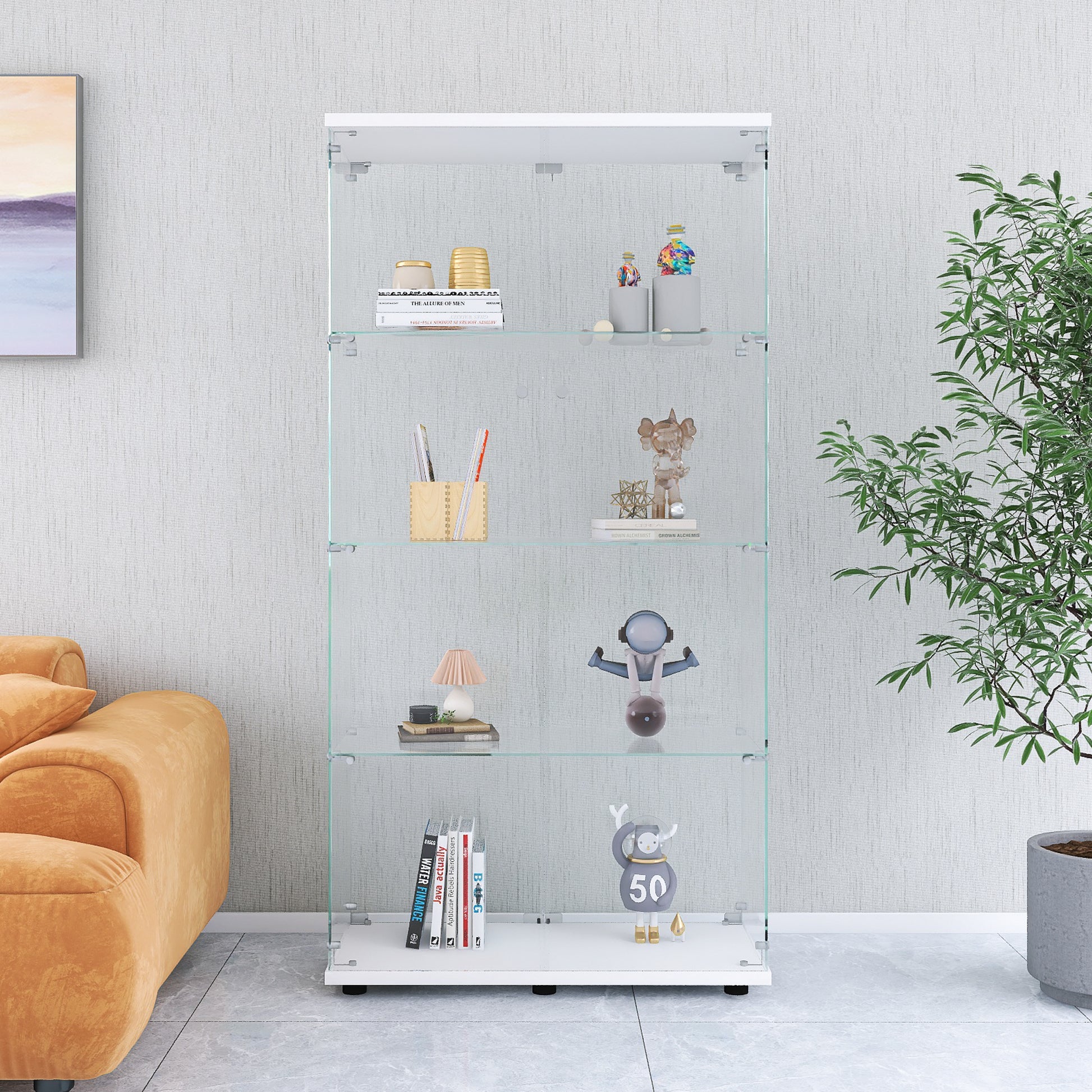 Two Door Glass Display Cabinet 4 Shelves With Door, Floor Standing Curio Bookshelf For Living Room Bedroom Office, 64.7"*31.7"*14.3", White White Glass