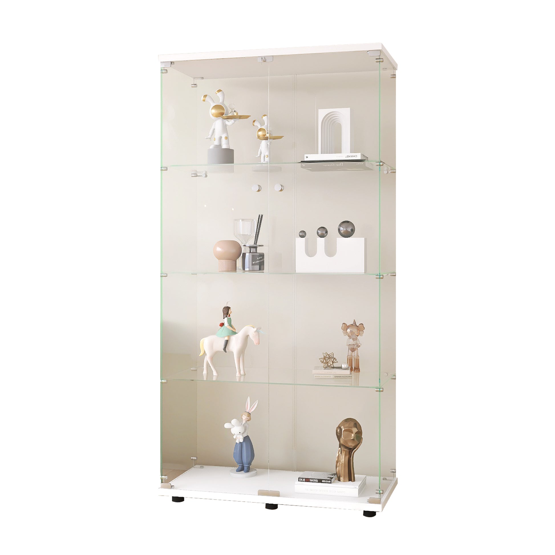 Two Door Glass Display Cabinet 4 Shelves With Door, Floor Standing Curio Bookshelf For Living Room Bedroom Office, 64.7"*31.7"*14.3", White White Glass