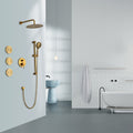 Shower System With Shower Head, Hand Shower, Slide Bar, Bodysprays, Shower Arm, Hose, Valve Trim, And Lever Handles Gold Brass