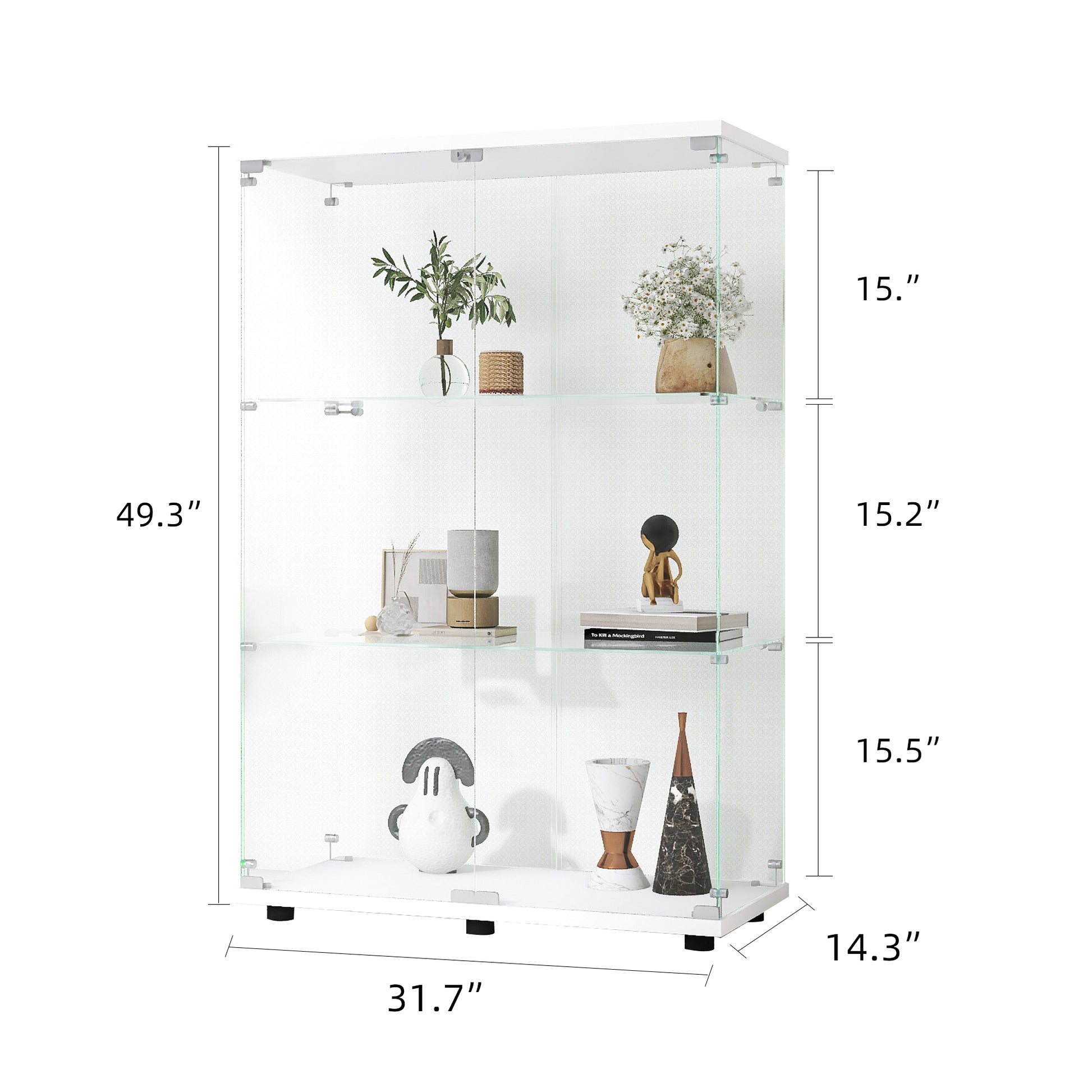 Two Door Glass Display Cabinet 3 Shelves With Door, Floor Standing Curio Bookshelf For Living Room Bedroom Office, 49.3"*31.7"*14.3", White White Glass