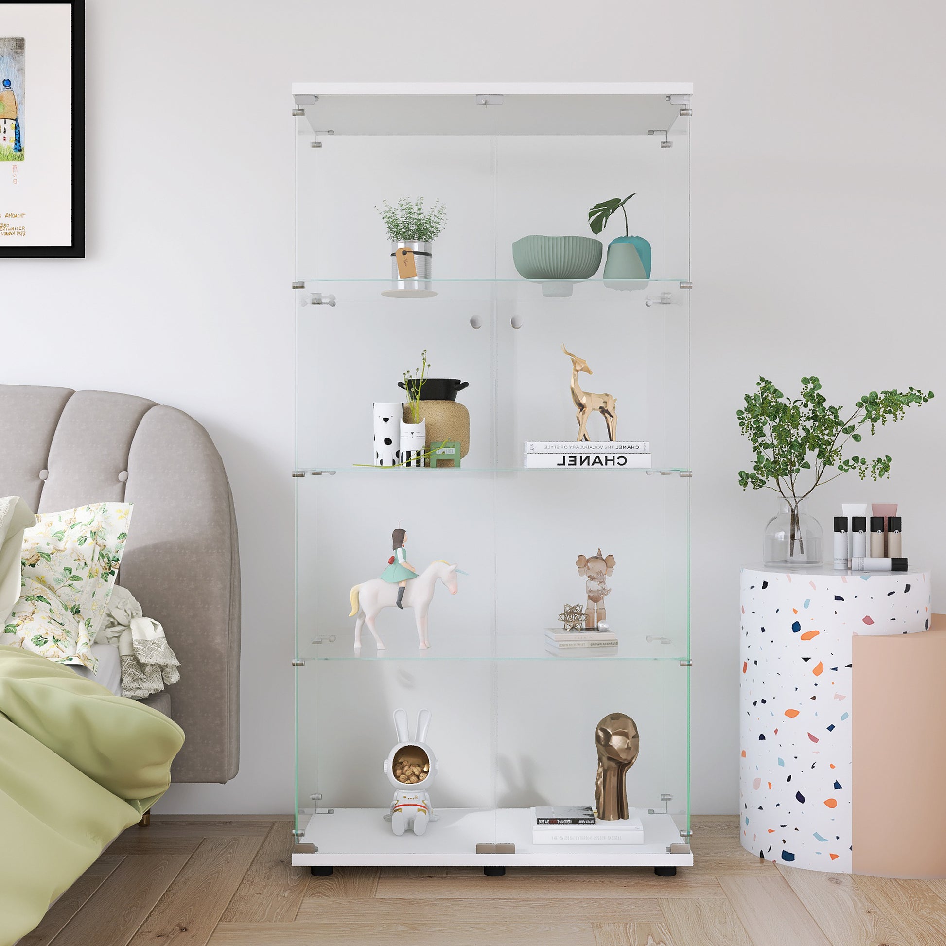 Two Door Glass Display Cabinet 4 Shelves With Door, Floor Standing Curio Bookshelf For Living Room Bedroom Office, 64.7"*31.7"*14.3", White White Glass