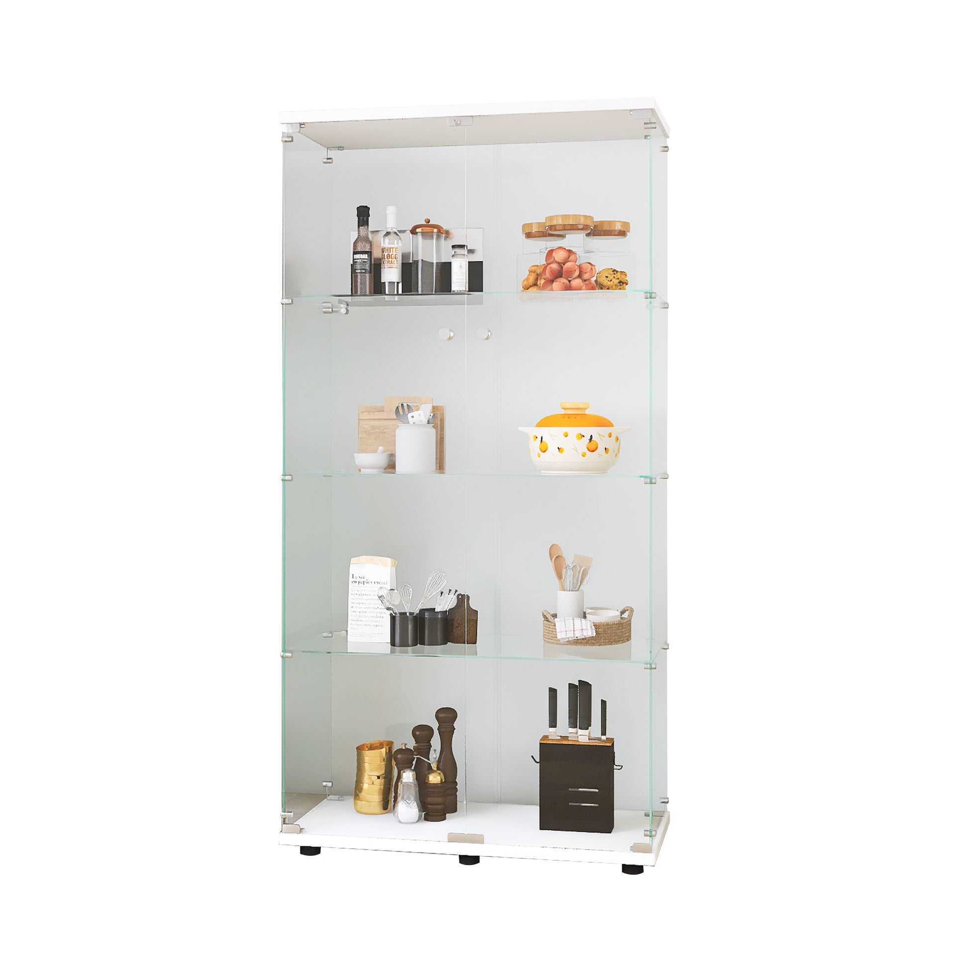 Two Door Glass Display Cabinet 4 Shelves With Door, Floor Standing Curio Bookshelf For Living Room Bedroom Office, 64.7"*31.7"*14.3", White White Glass