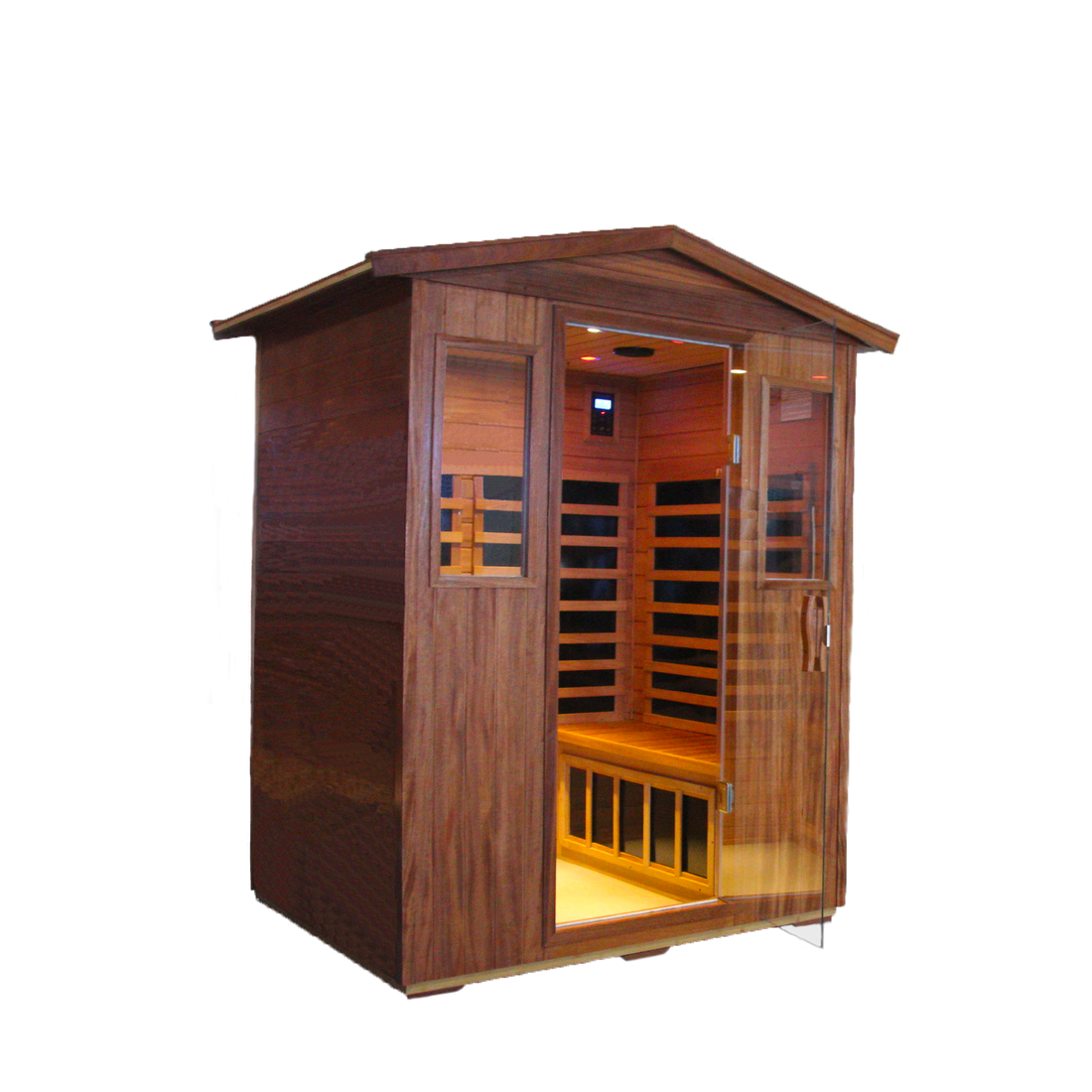 Four Person Khaya Far Infrared Outdoor Sauna Room Natural Wood Wood Stainless Steel Glass