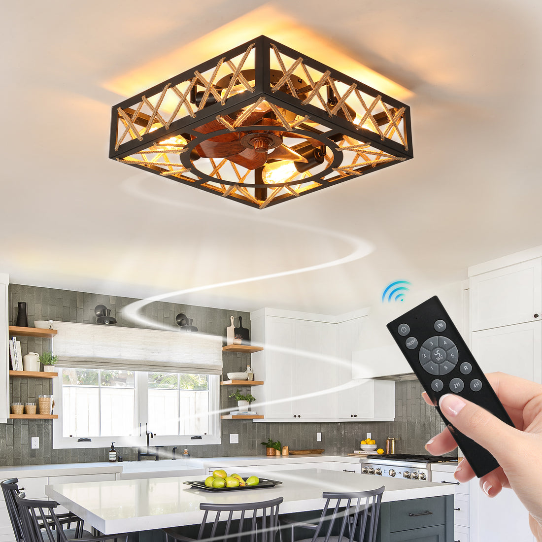 Farmhouse Rustic Ceiling Fan And Remote Control,Square Caged Industrial Ceiling Fixture With 6 Speeds & Noiseless Dc Motor For Kitchen Dining Room Living Room Bedroom Black Abs Iron