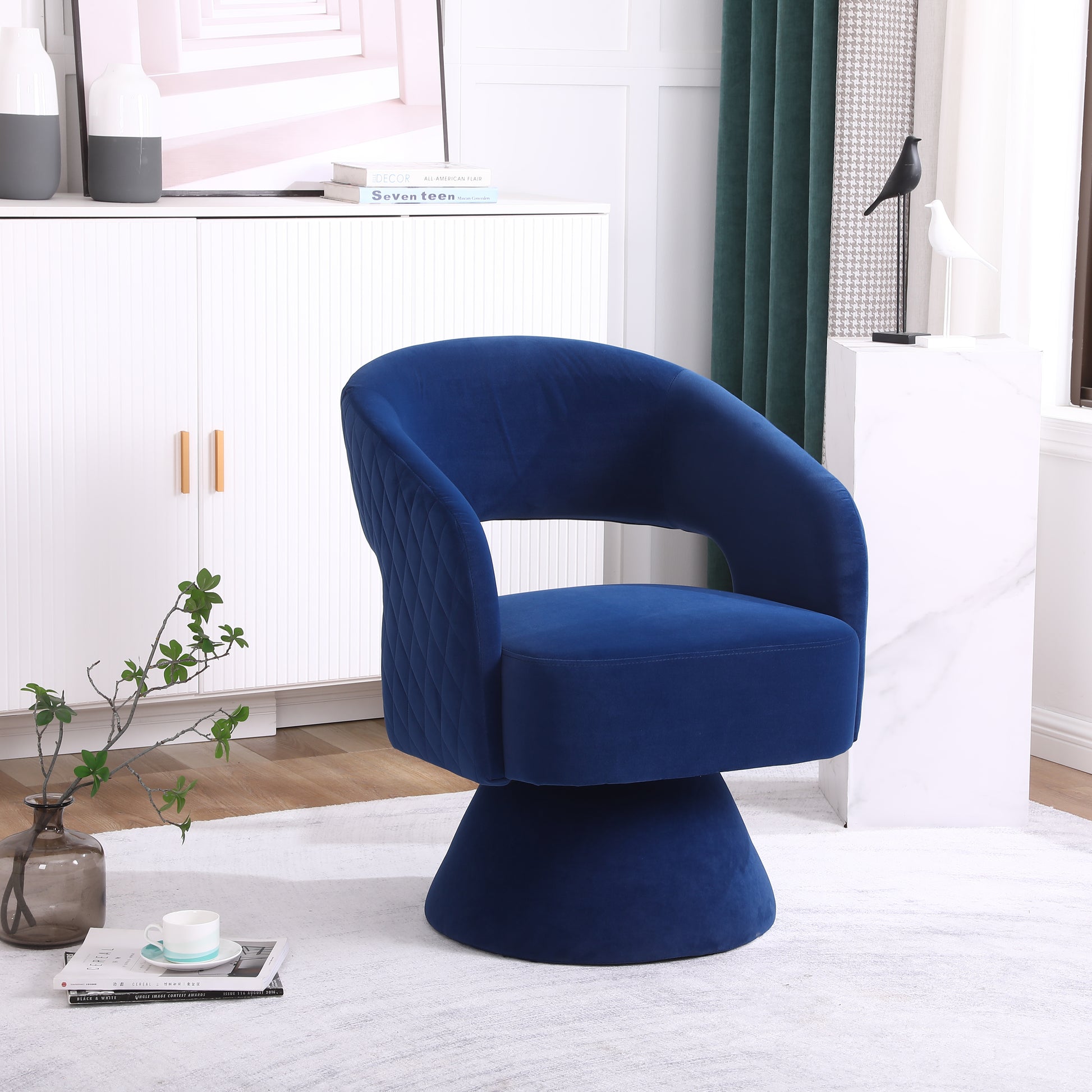 Swivel Accent Chair Armchair, Round Barrel Chair In Fabric For Living Room Bedroom, Blue Blue Foam Velvet