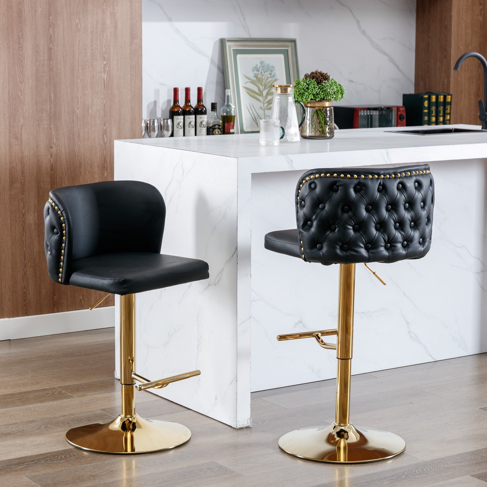 Swivel Barstools Adjusatble Seat Height, Modern Pu Upholstered Bar Stools With The Whole Back Tufted, For Home Pub And Kitchen Island Black, Set Of 2 Black Foam Pu Leather