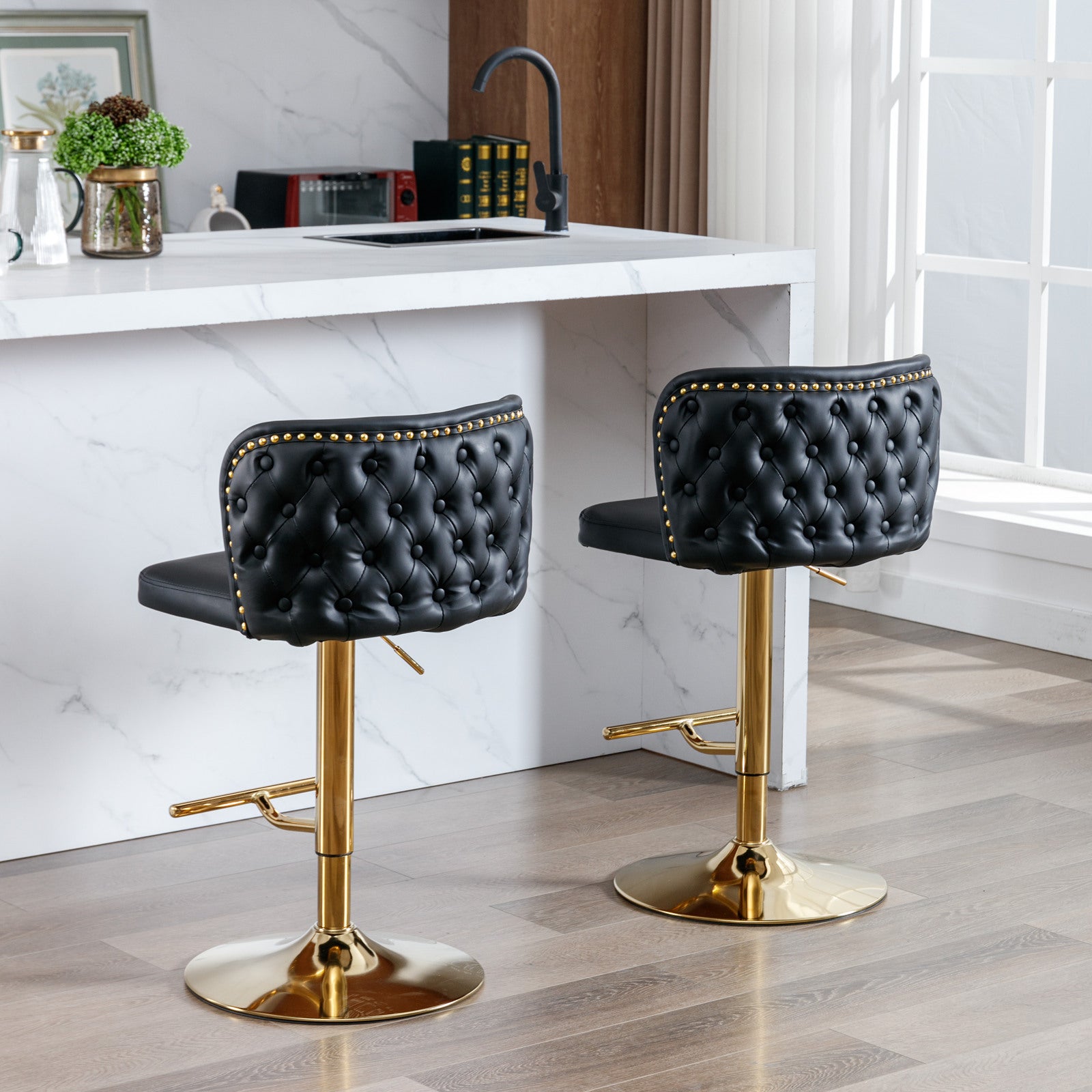 Swivel Barstools Adjusatble Seat Height, Modern Pu Upholstered Bar Stools With The Whole Back Tufted, For Home Pub And Kitchen Island Black, Set Of 2 Black Foam Pu Leather