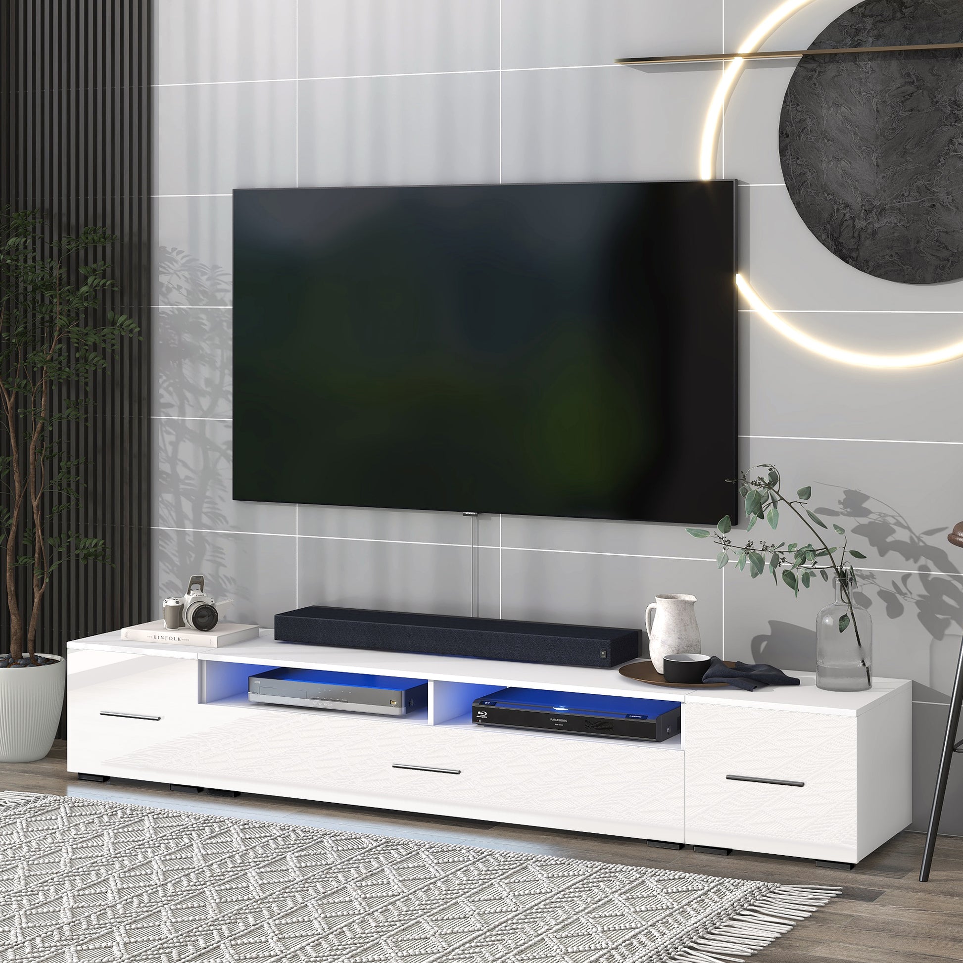 Extended, Minimalist Design Tv Stand With Color Changing Led Lights, Modern Universal Entertainment Center, High Gloss Tv Cabinet For 90 Inch Tv, White White Particle Board