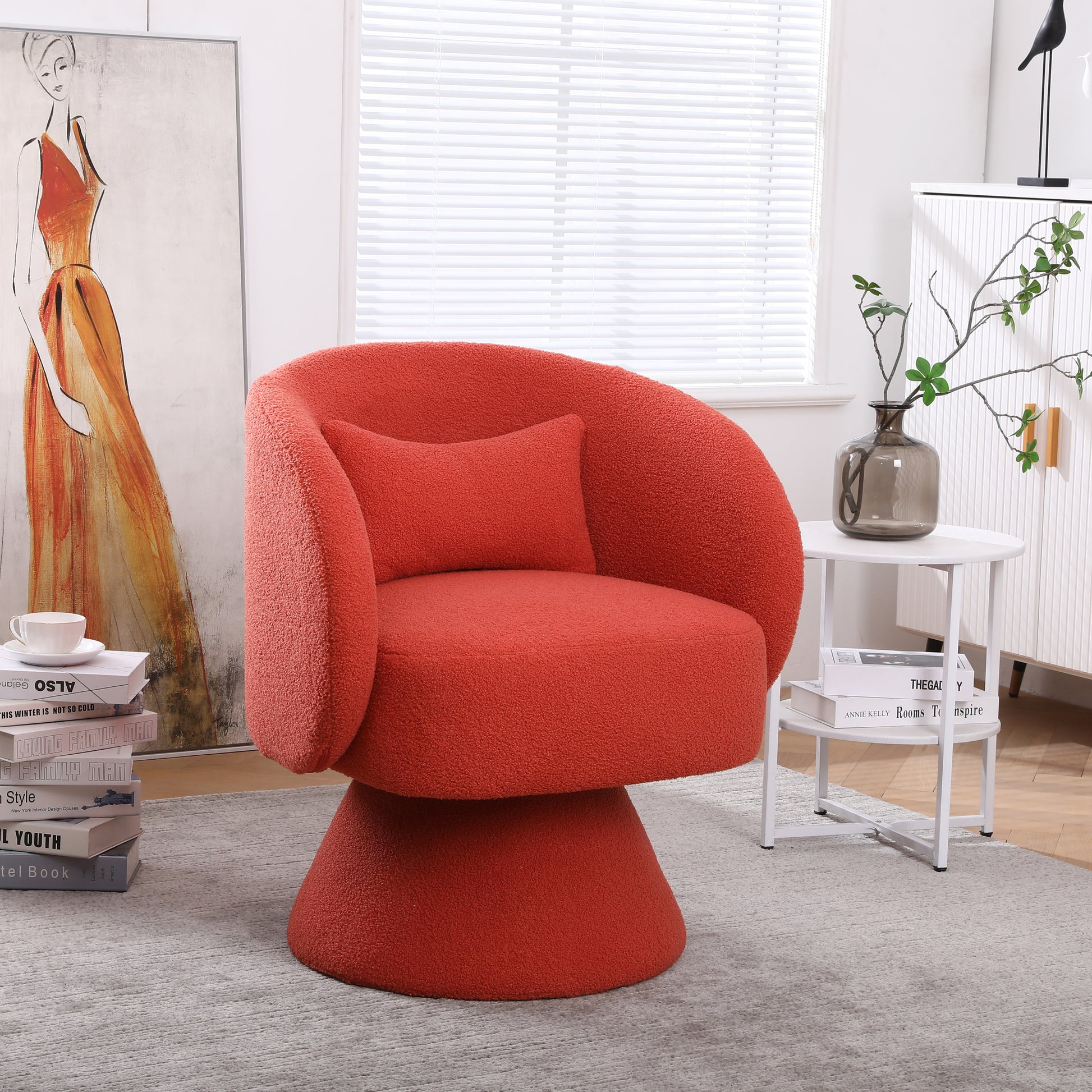 Swivel Accent Chair Armchair, Round Barrel Chair In Fabric For Living Room Bedroom Orange Orange Foam Faux Fur