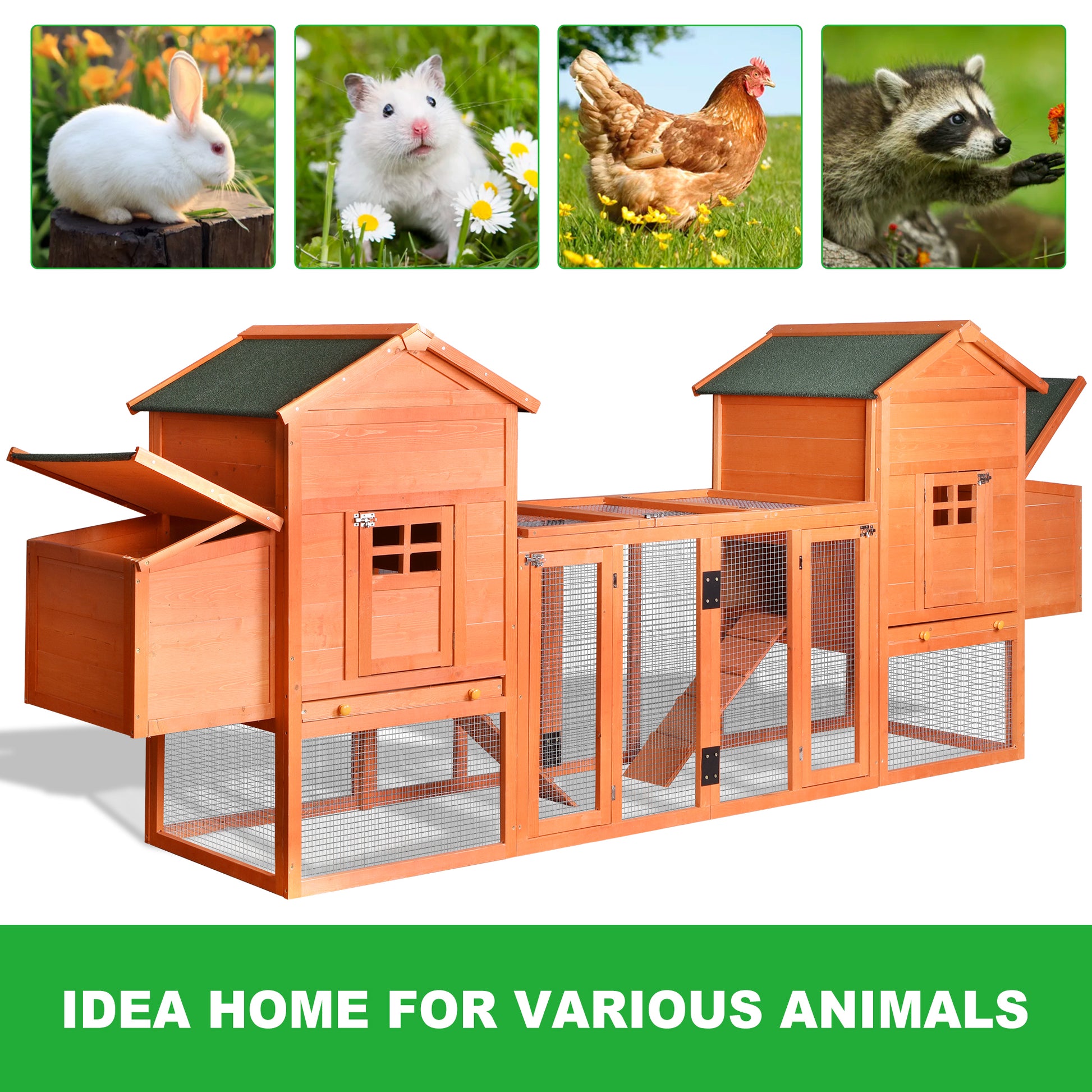 Outdoor Wooden Chicken Coop, 124" Large Hen Cage Rabbit House, Bunny Hutch With Ventilation Door, Removable Ramp Garden Backyard Pet House Chicken Nesting Box Yellow Solid Wood