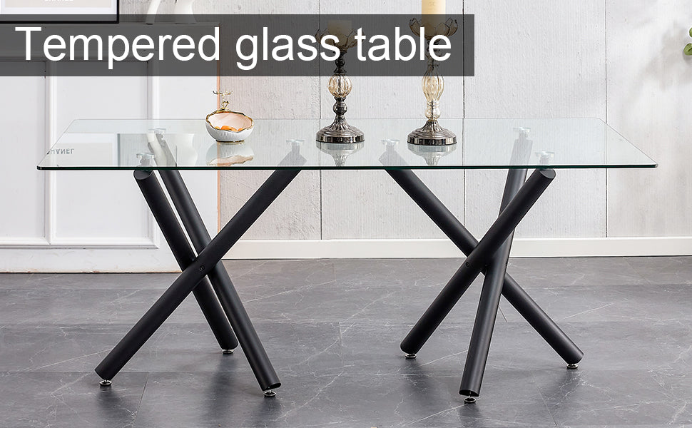 Large Modern Minimalist Rectangular Glass Dining Table For 6 8 With 0.39" Tempered Glass Tabletop And Black Metal Legs, For Kitchen Dining Living Meeting Room Banquet Hall, W1151S00197 Transparent Glass