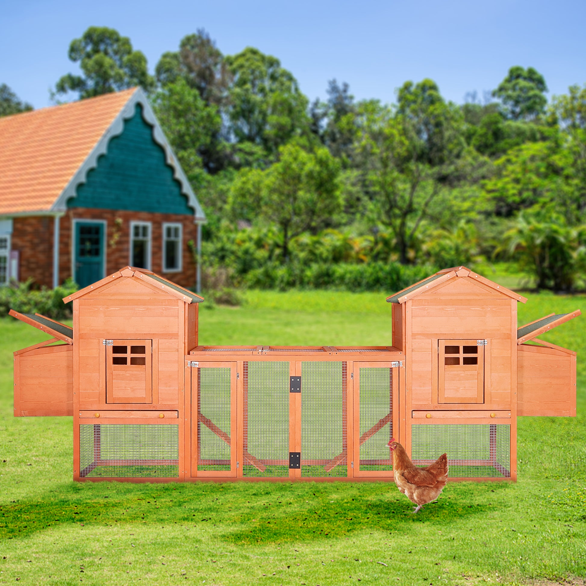 Outdoor Wooden Chicken Coop, 124" Large Hen Cage Rabbit House, Bunny Hutch With Ventilation Door, Removable Ramp Garden Backyard Pet House Chicken Nesting Box Yellow Solid Wood