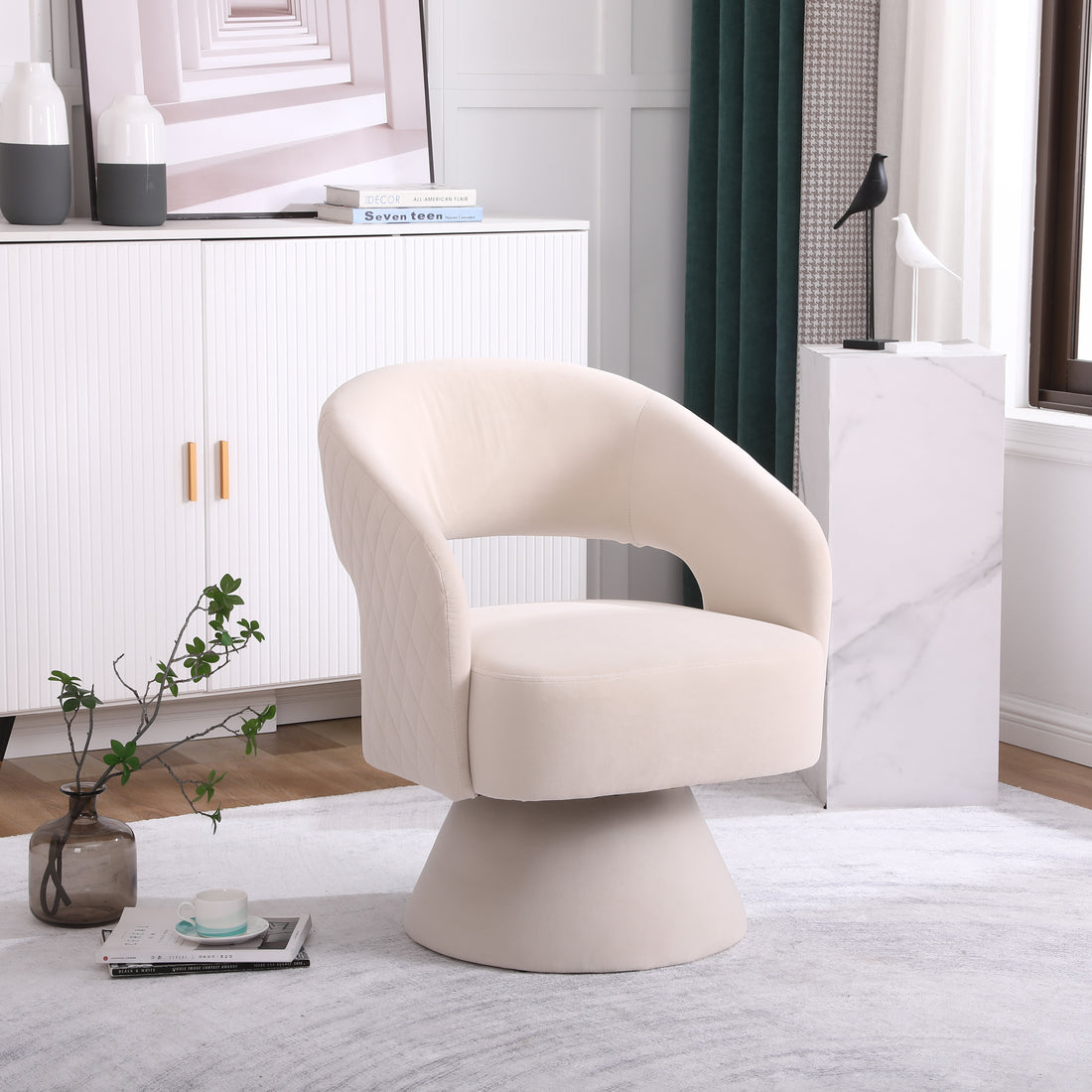 Swivel Accent Chair Armchair, Round Barrel Chair In Fabric For Living Room Bedroom, Beige Beige Foam Velvet