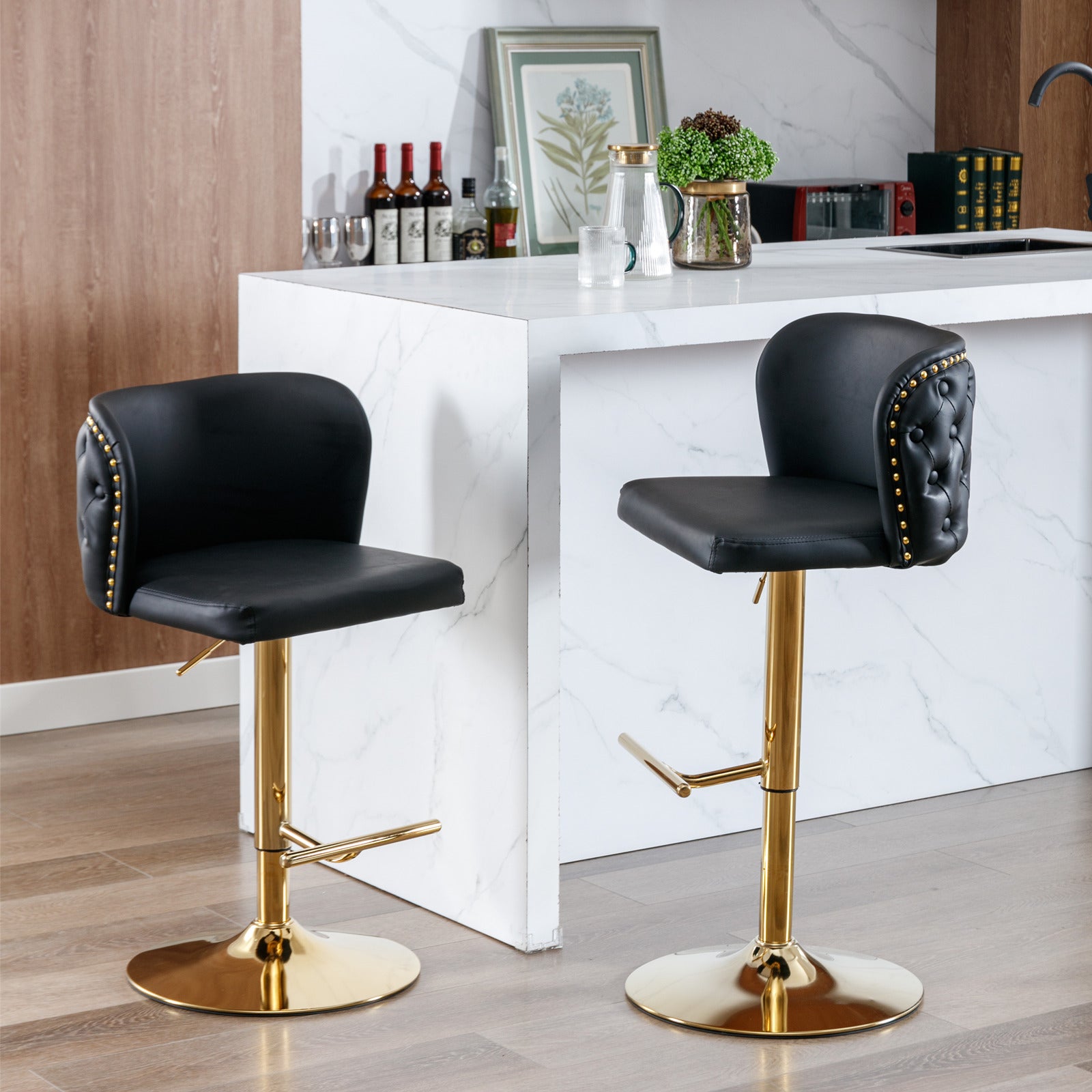 Swivel Barstools Adjusatble Seat Height, Modern Pu Upholstered Bar Stools With The Whole Back Tufted, For Home Pub And Kitchen Island Black, Set Of 2 Black Foam Pu Leather