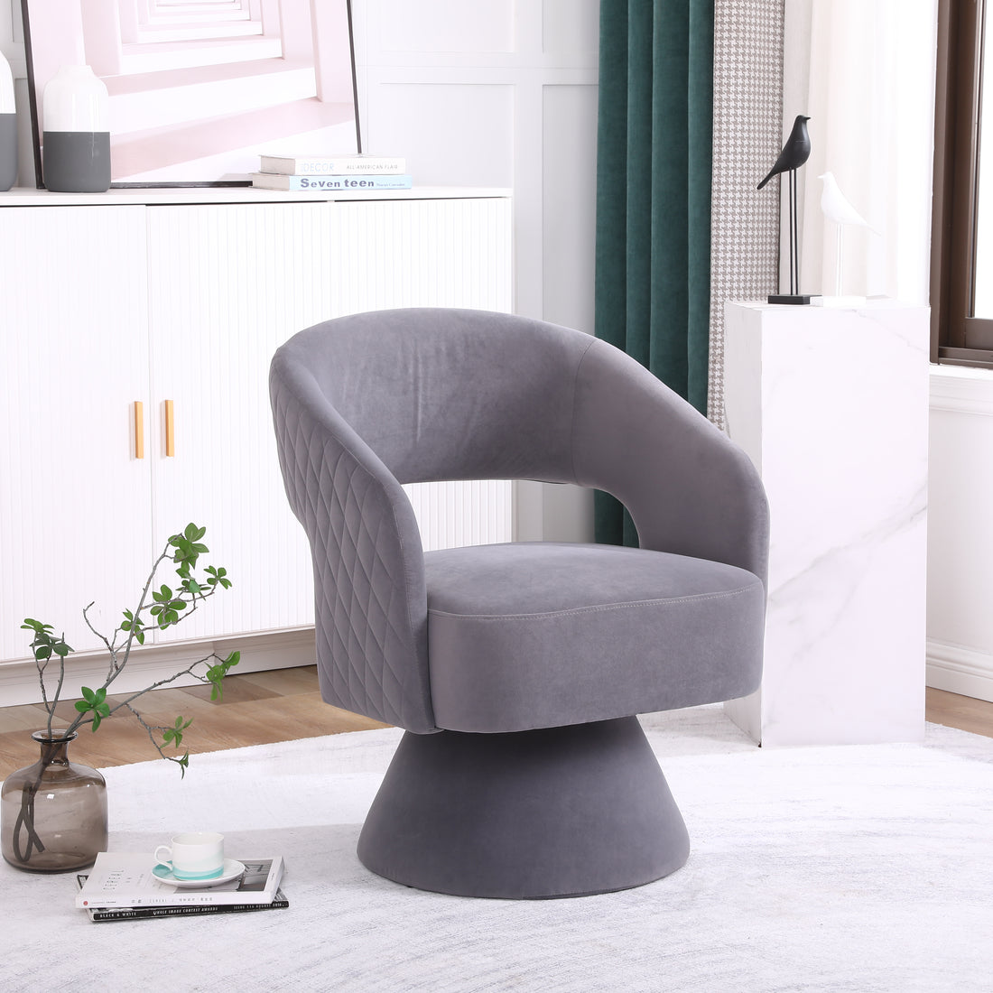 Swivel Accent Chair Armchair, Round Barrel Chair In Fabric For Living Room Bedroom, Grey Gray Foam Velvet