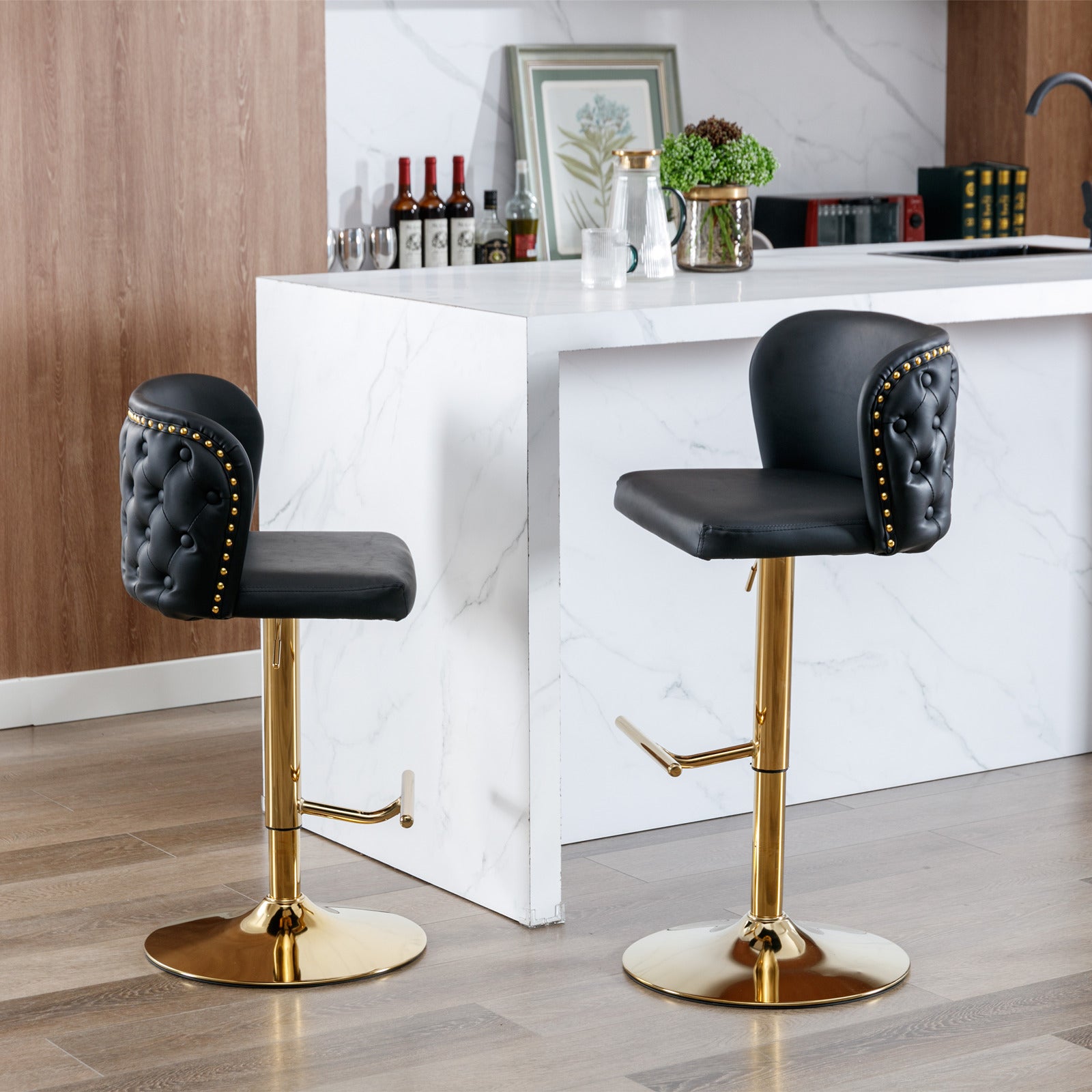 Swivel Barstools Adjusatble Seat Height, Modern Pu Upholstered Bar Stools With The Whole Back Tufted, For Home Pub And Kitchen Island Black, Set Of 2 Black Foam Pu Leather