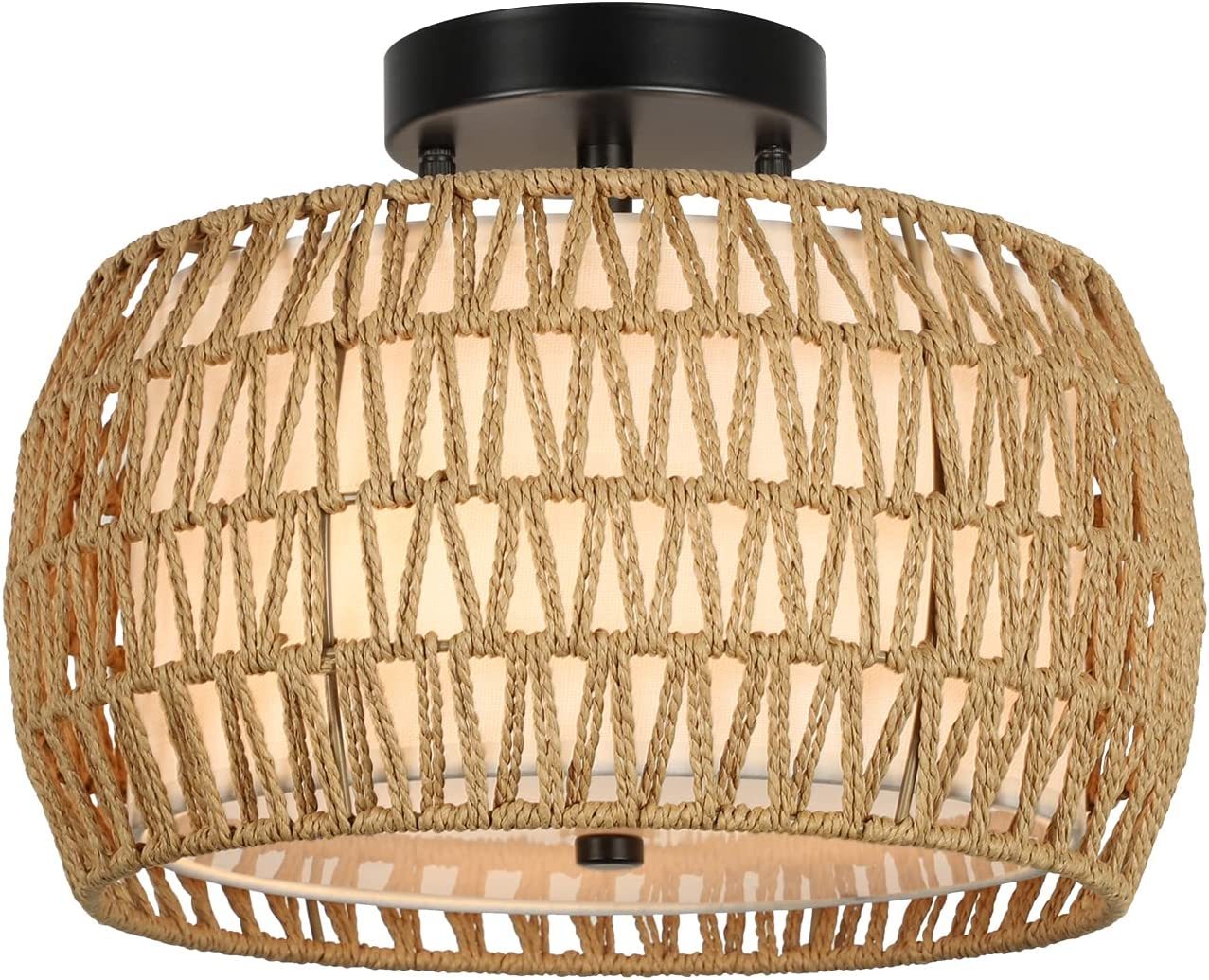 3 Light Woven Rattan Semi Flush Mount Ceiling Light Brown Rattan