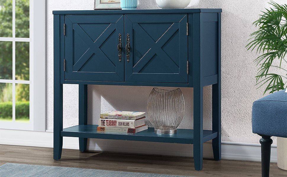 35'' Farmhouse Wood Buffet Sideboard Console Table With Bottom Shelf And 2 Door Cabinet, For Living Room, Entryway,Kitchen Dining Room Furniture Navy Blue Navy Blue Pine