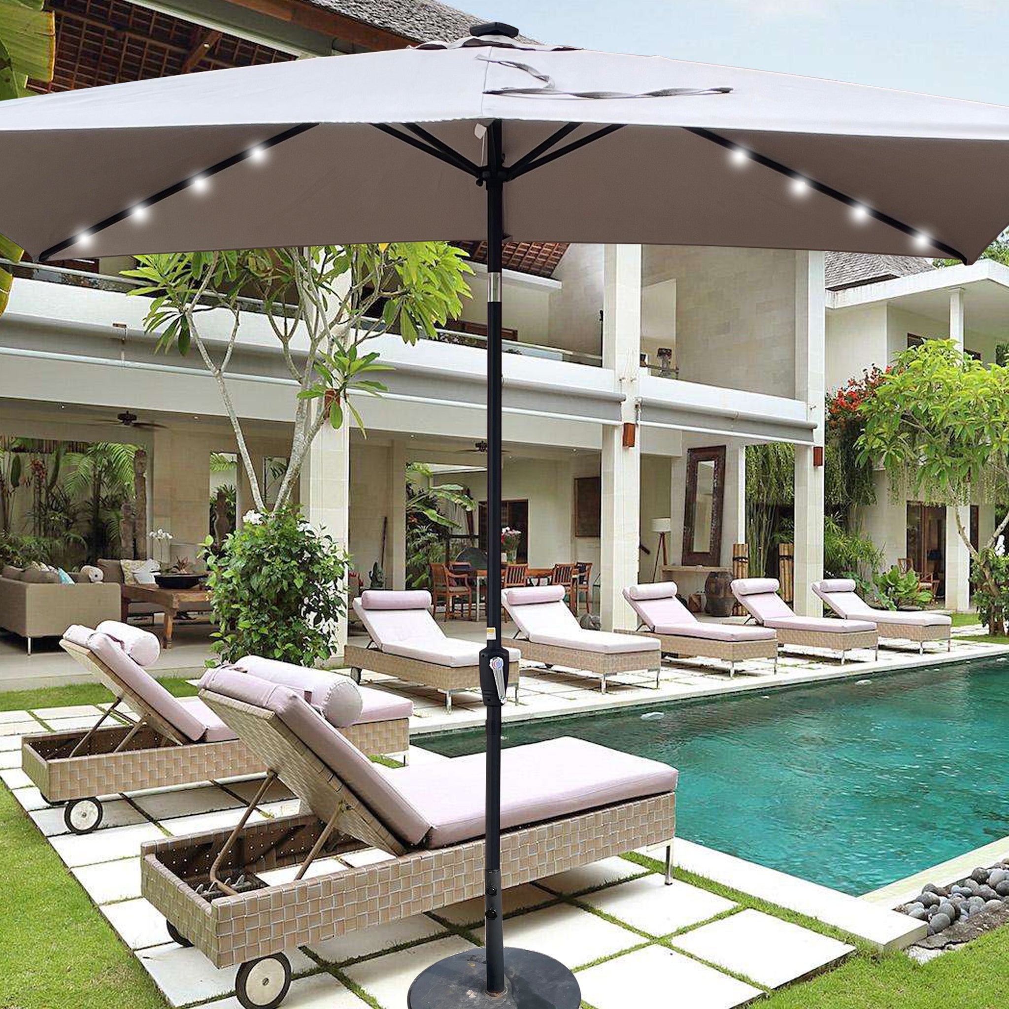 10 X 6.5T Rectangular Patio Solar Led Lighted Outdoor Umbrellas With Crank And Push Button Tilt For Garden Backyard Pool Swimming Pool Medium Grey Steel