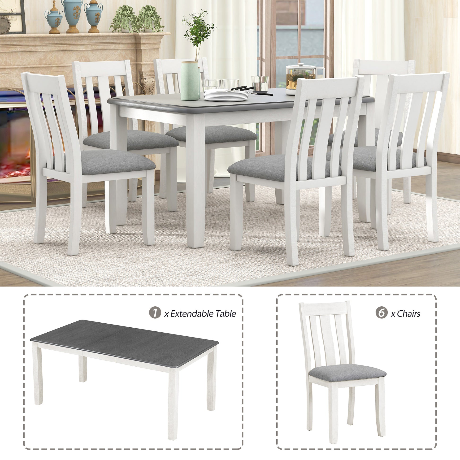 Retro Style 7 Piece Dining Table Set With Extendable Table And 6 Upholstered Chairs Gray White White Gray Solid Wood