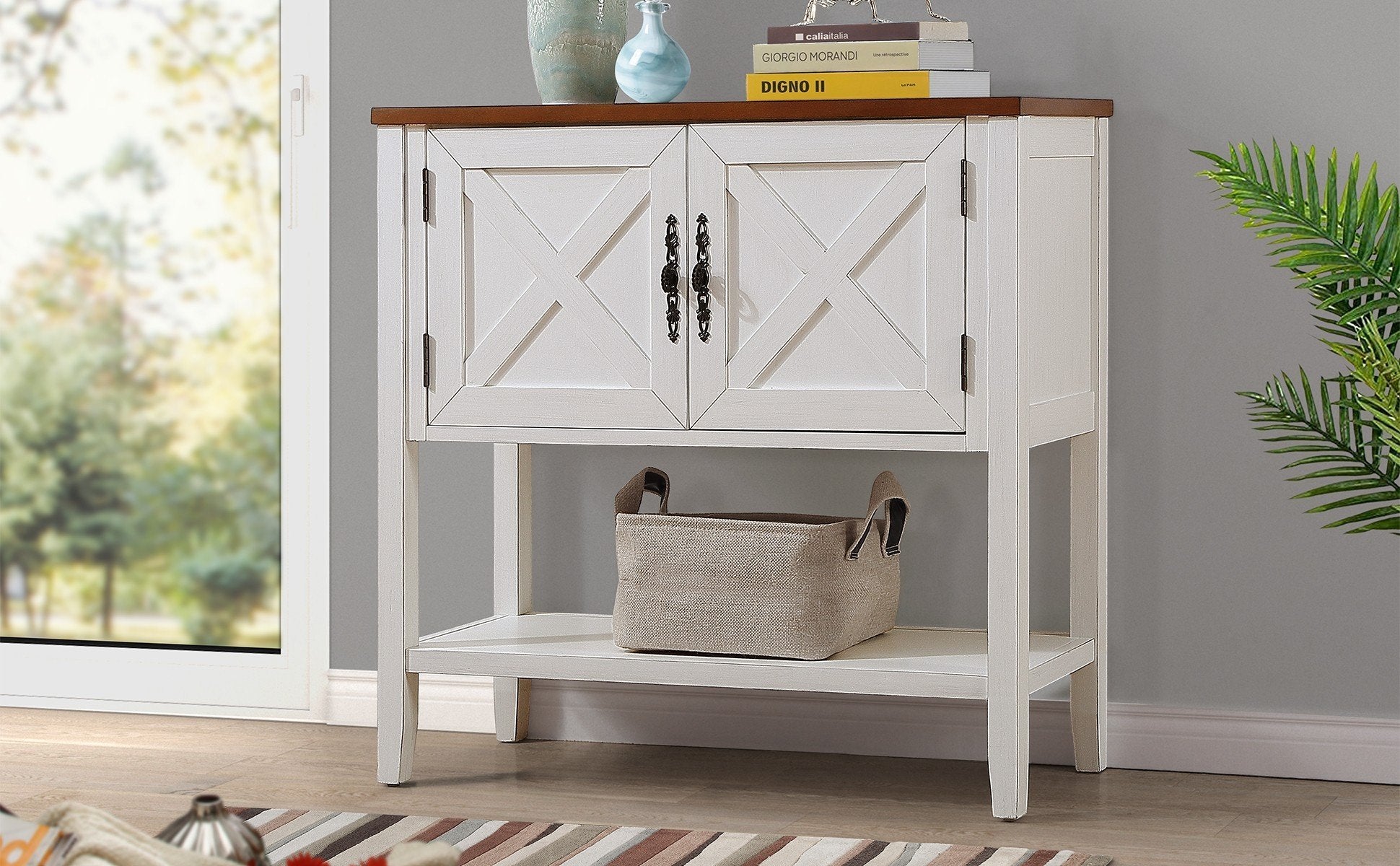 35''Farmhouse Wood Buffet Sideboard Console Table With Bottom Shelf And 2 Door Cabinet, For Living Room, Entryway,Kitchen Dining Room Furniture Antique White Walnut Top Antique White Pine