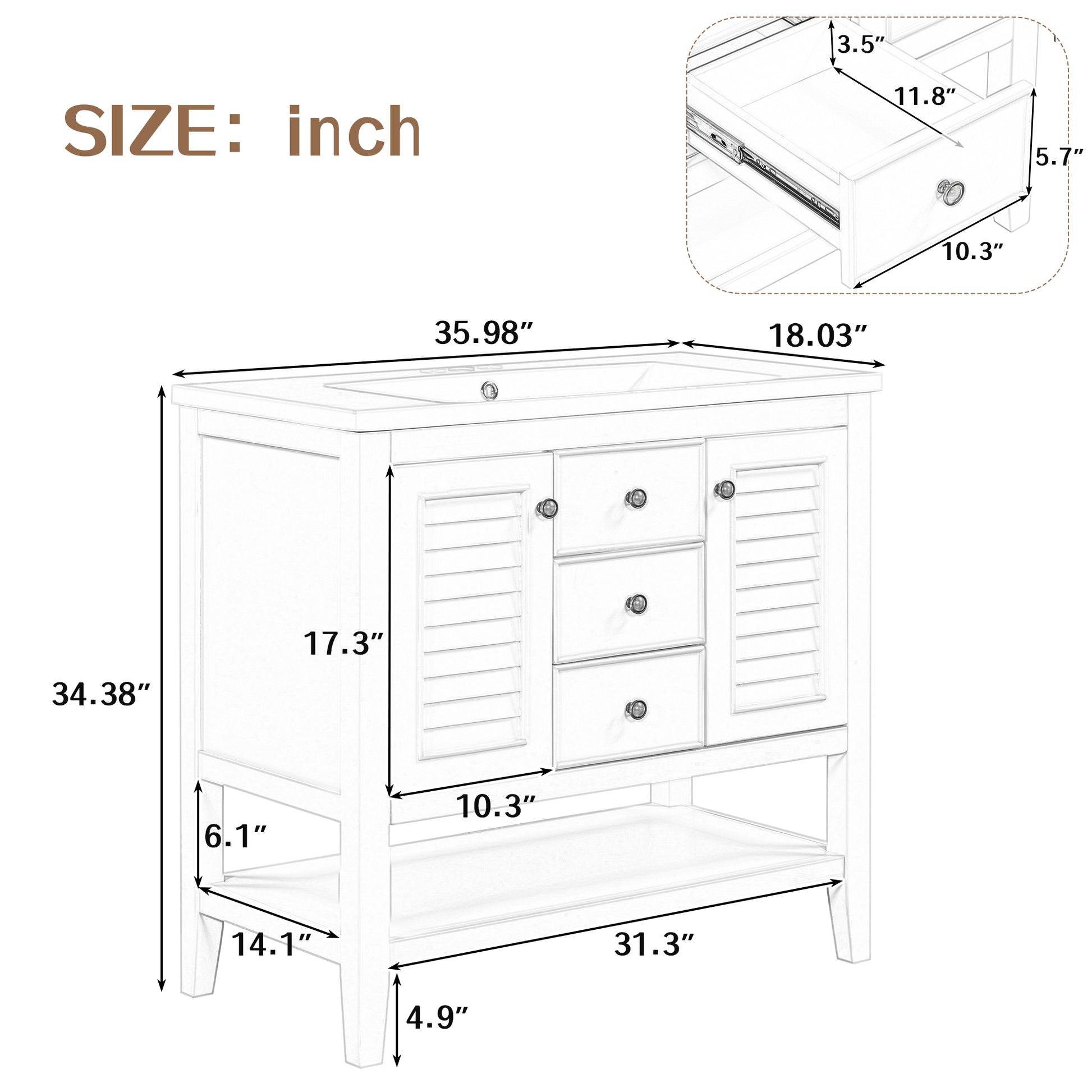 36" Bathroom Vanity With Ceramic Basin, Two Cabinets And Drawers, Open Shelf, Solid Wood Frame, White Old Sku: Sy999101Aak White Solid Wood Mdf