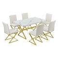 7 Piece Modern Dining Table Set, Rectangular Marble Texture Kitchen Table And 6 Pu Leather Chairs With X Shaped Gold Steel Pipe Legs For Dining Room White White Mdf Steel