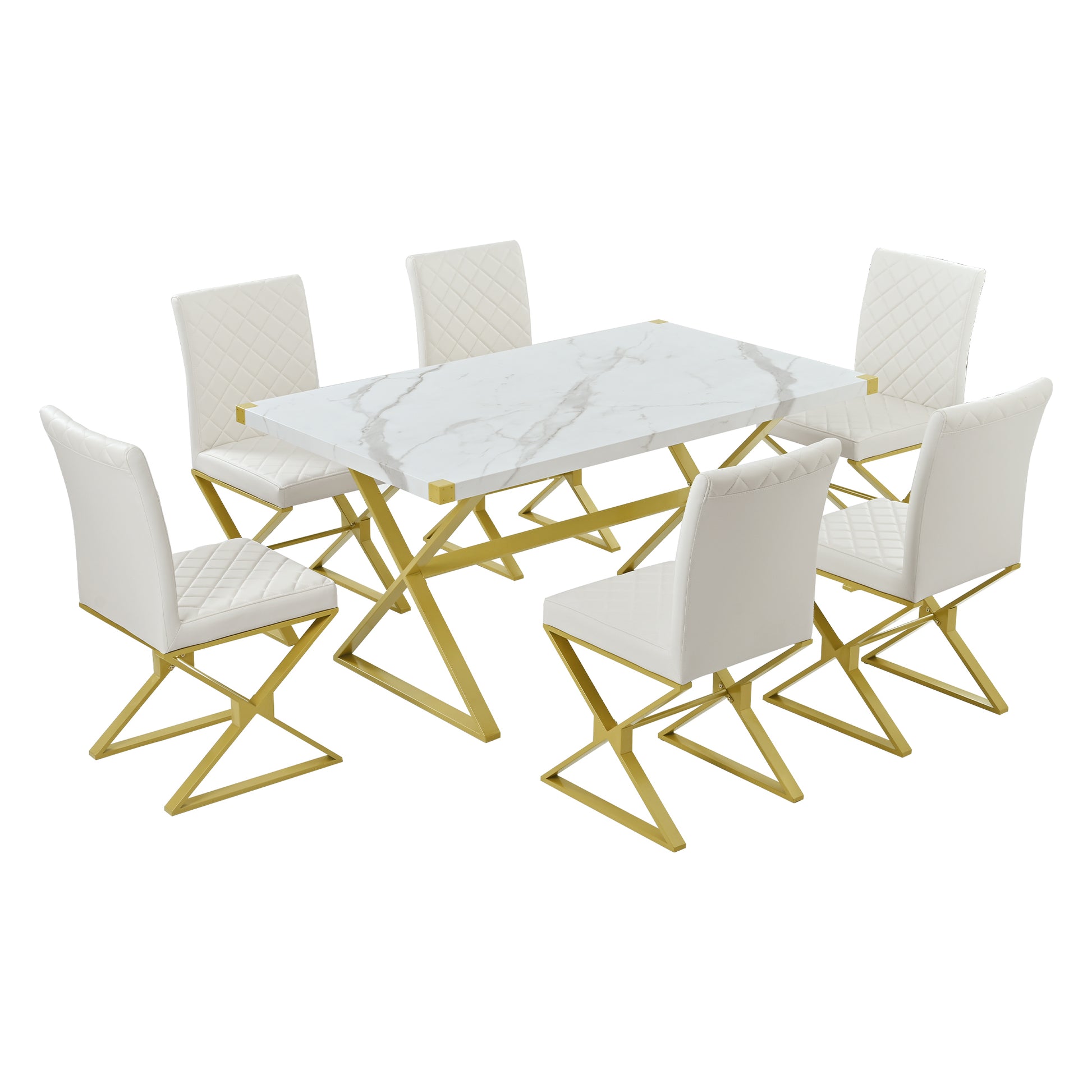 7 Piece Modern Dining Table Set, Rectangular Marble Texture Kitchen Table And 6 Pu Leather Chairs With X Shaped Gold Steel Pipe Legs For Dining Room White White Mdf Steel